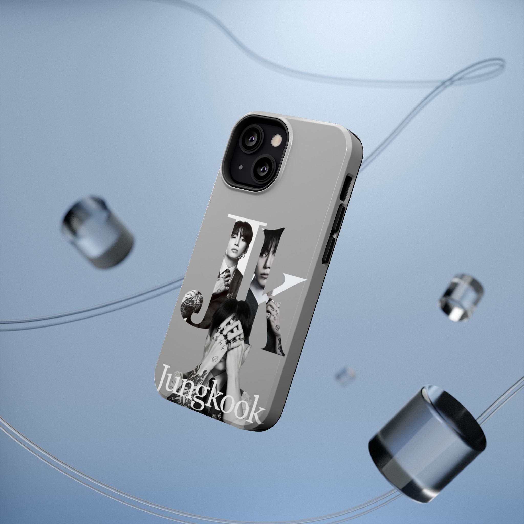 Monochrome BTS Jungkook phone case with impact-resistant design featuring letter graphics, suitable for smartphones.