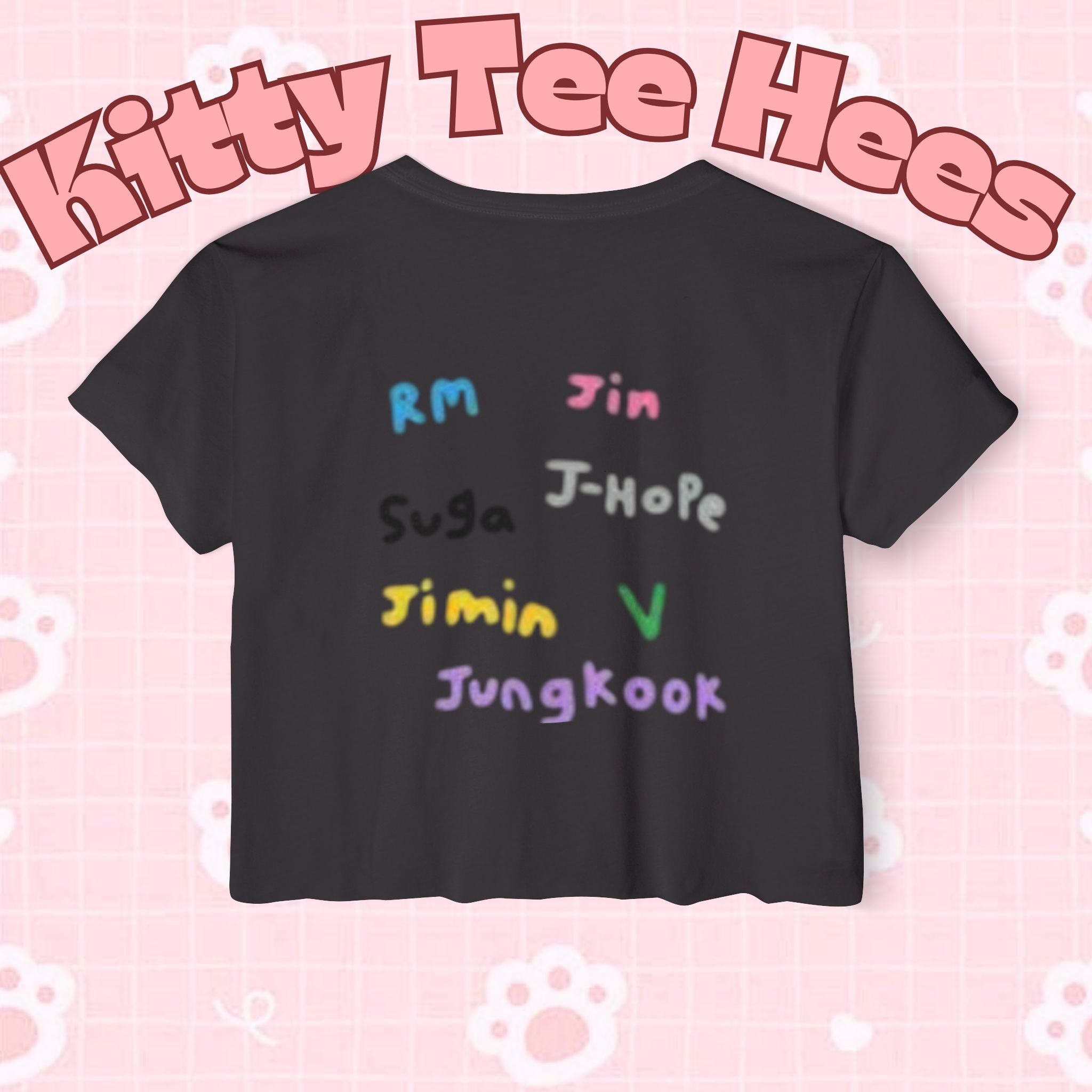 Colorful BTS kidcore T-shirt featuring Bangtan Boys K-pop group photo, women's festival crop top by Printify.