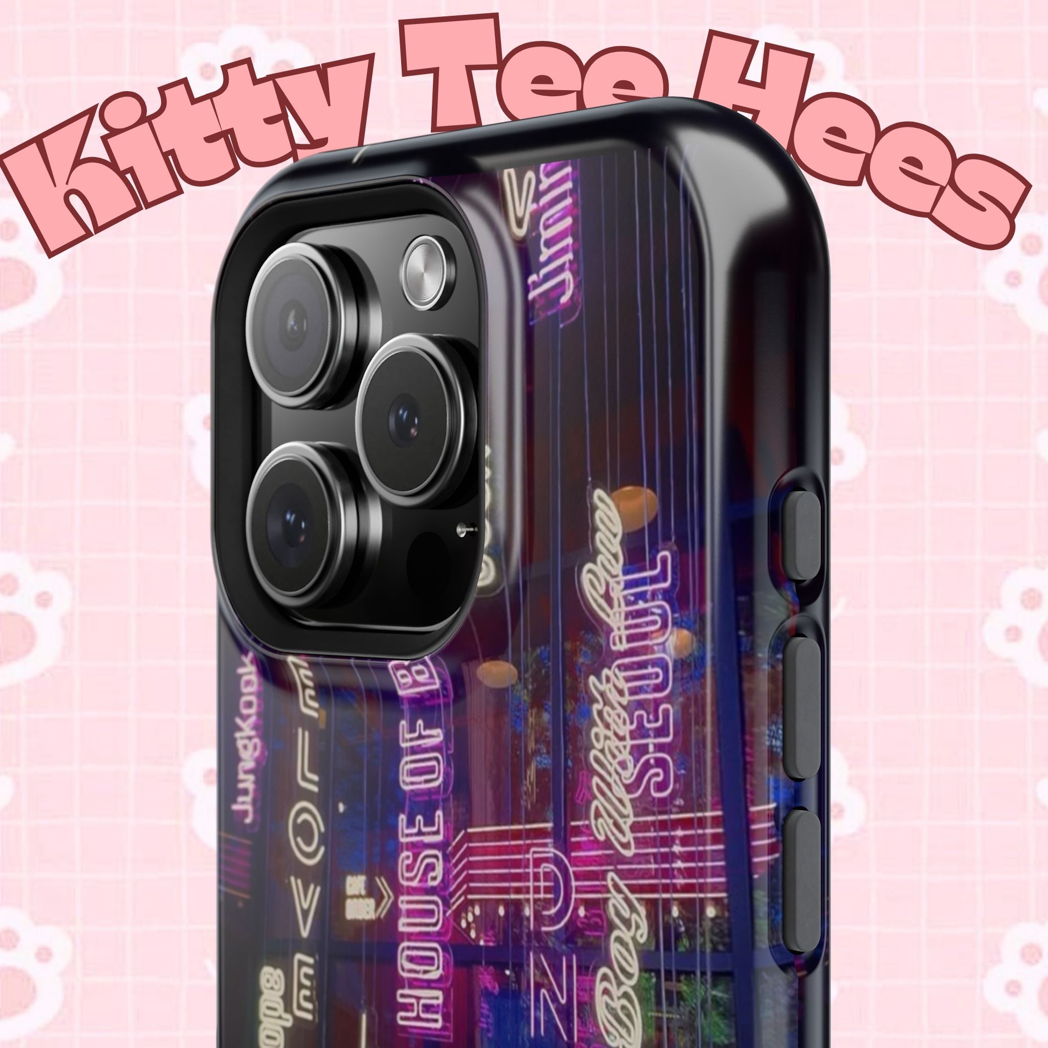 Neon Korean Script BTS phone case for iPhone and Samsung, impact-resistant design with Bangtan Sonyeondan branding.