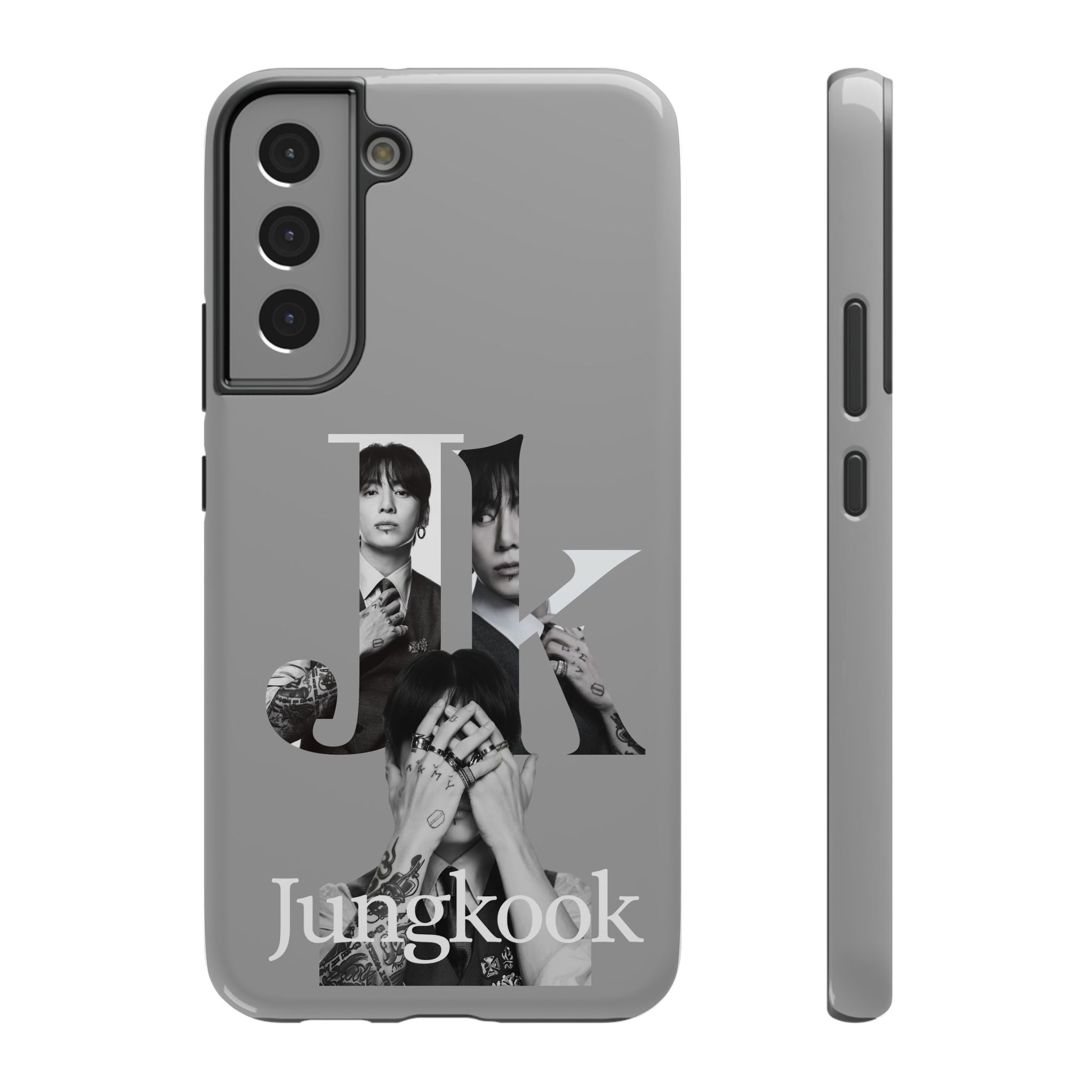 Impact-resistant phone case featuring monochrome Jungkook letter design from BTS, compatible with various smartphones.