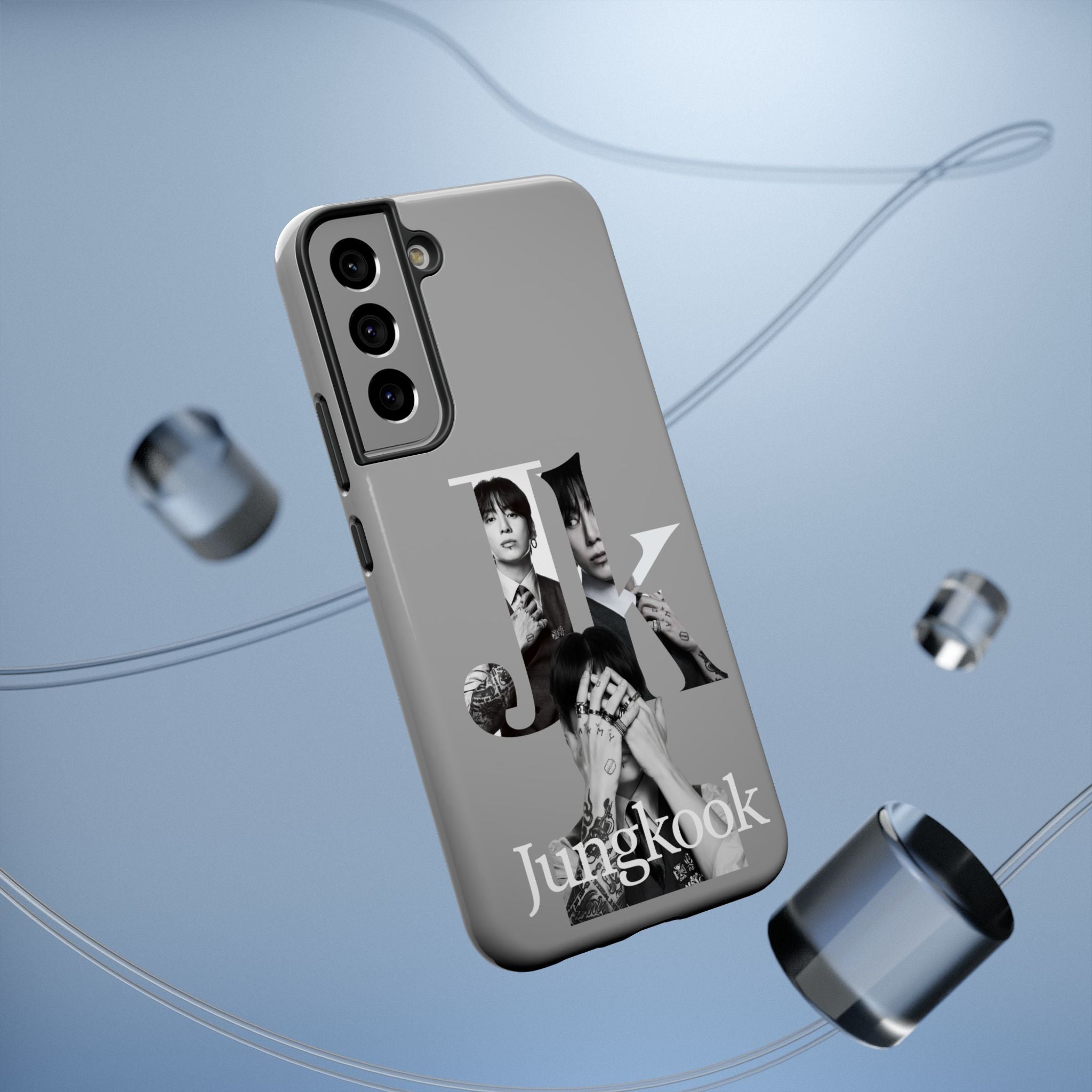 Impact-resistant phone case featuring monochrome letter design of Jungkook from BTS, by Printify.