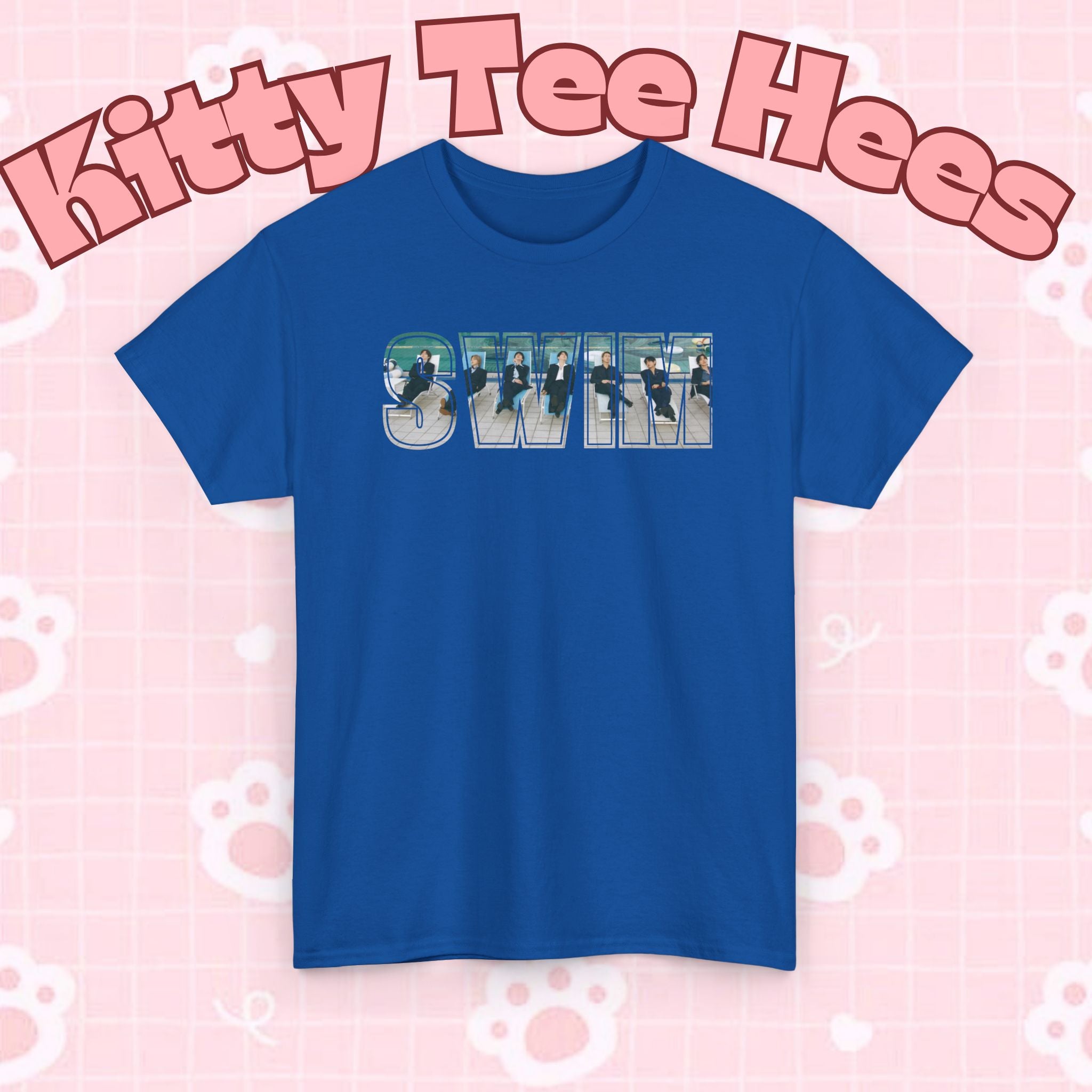 Printify BTS swim graphic T-shirt featuring a Pool design and "I could spend a lifetime watching you swim" text on a Bangtan concert tee.