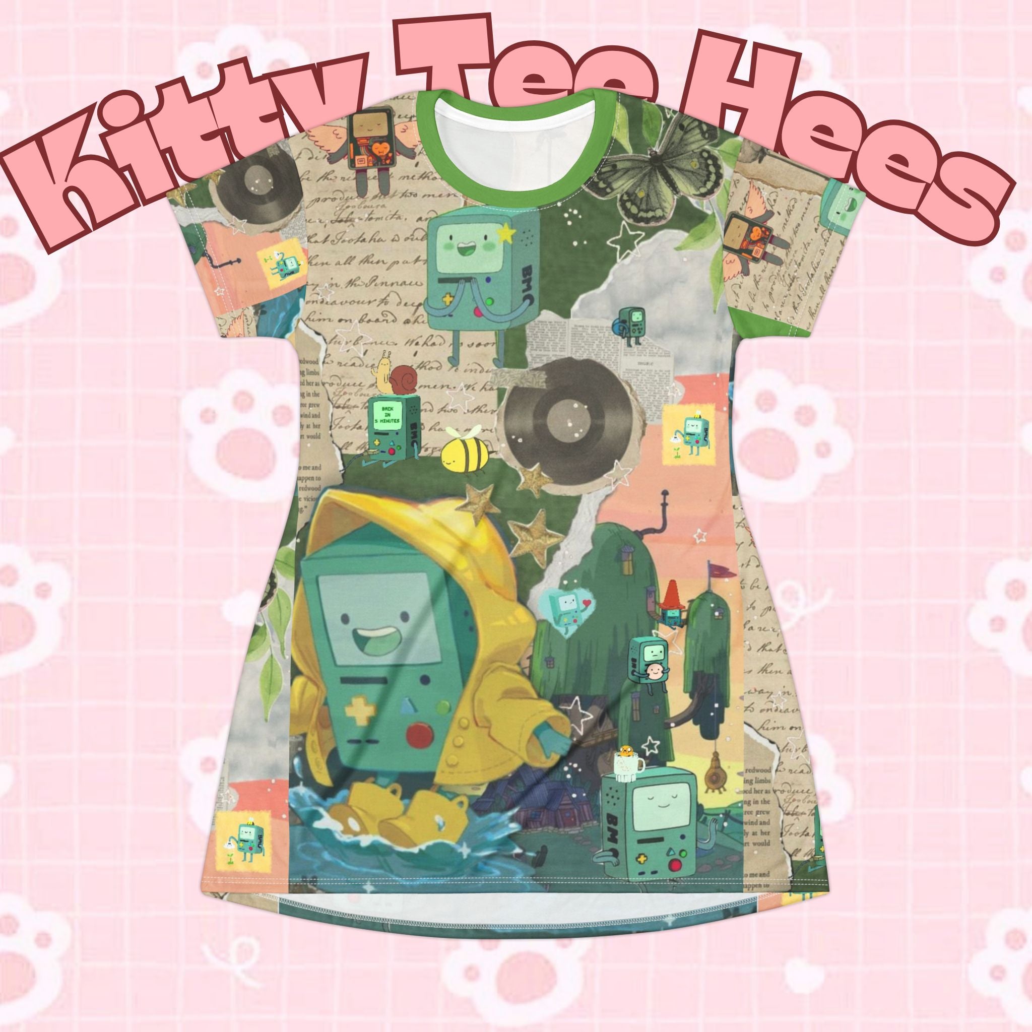 All-over print BMO Adventure Time T-shirt dress by Printify, featuring colorful BMO character design perfect for Christmas 2025.