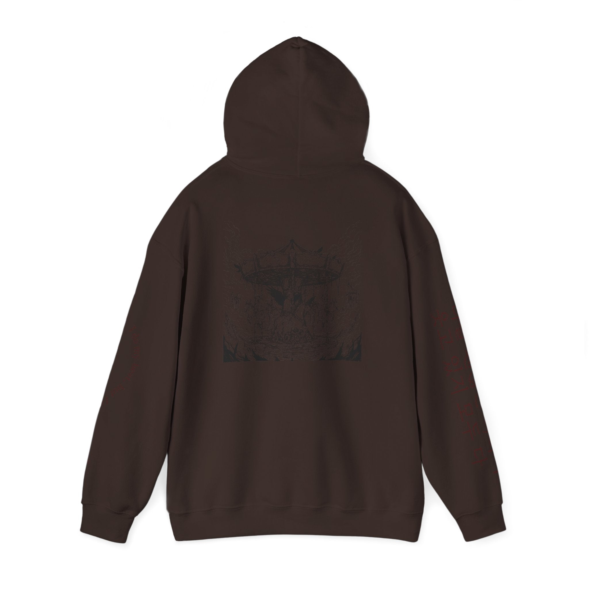 BTS Merry-go-round Arirang 2026 hoodie with carousel illustration, Korean script sleeves, and BTS lyric design, Printify brand.