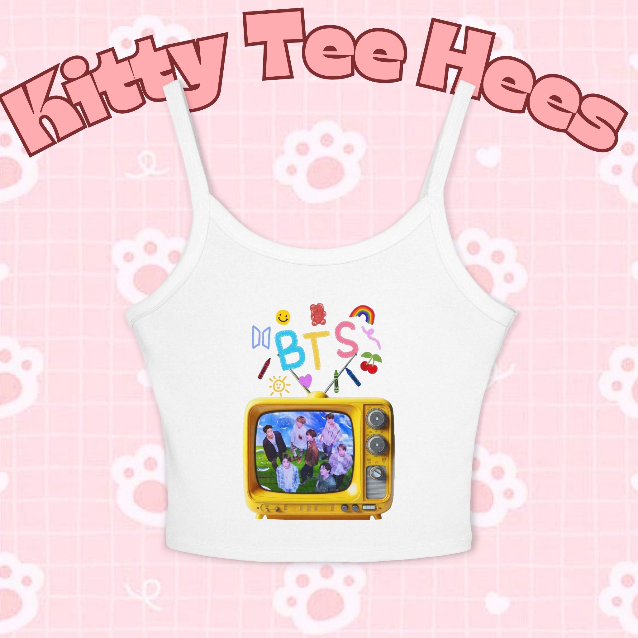 Kids' BTS tank top featuring a retro television design, colorful graphic print, and BTS logo, perfect for K-pop fans.