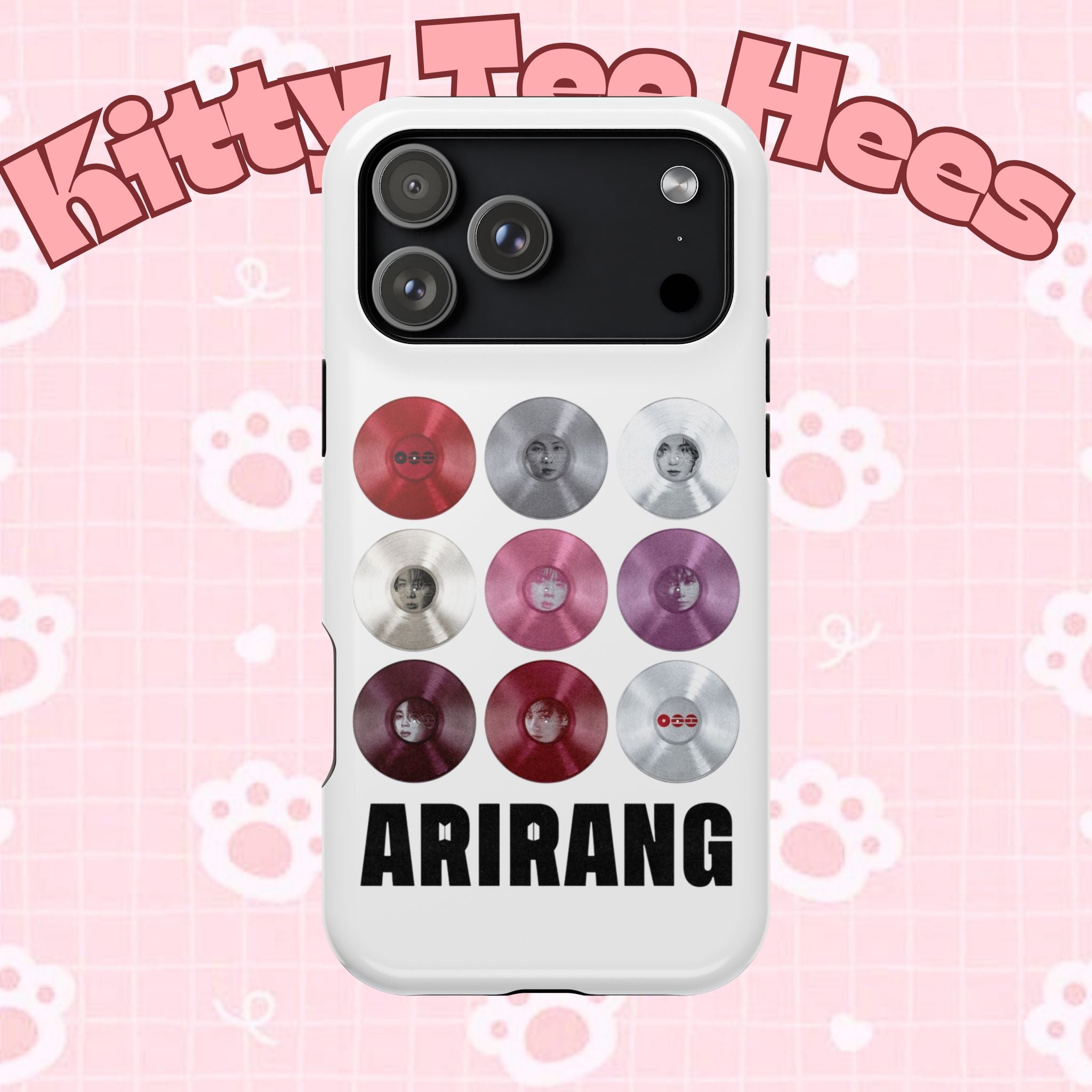 Impact-resistant Printify BTS Arirang vinyl record grid phone case featuring cool BTS fan merch design on a smartphone.