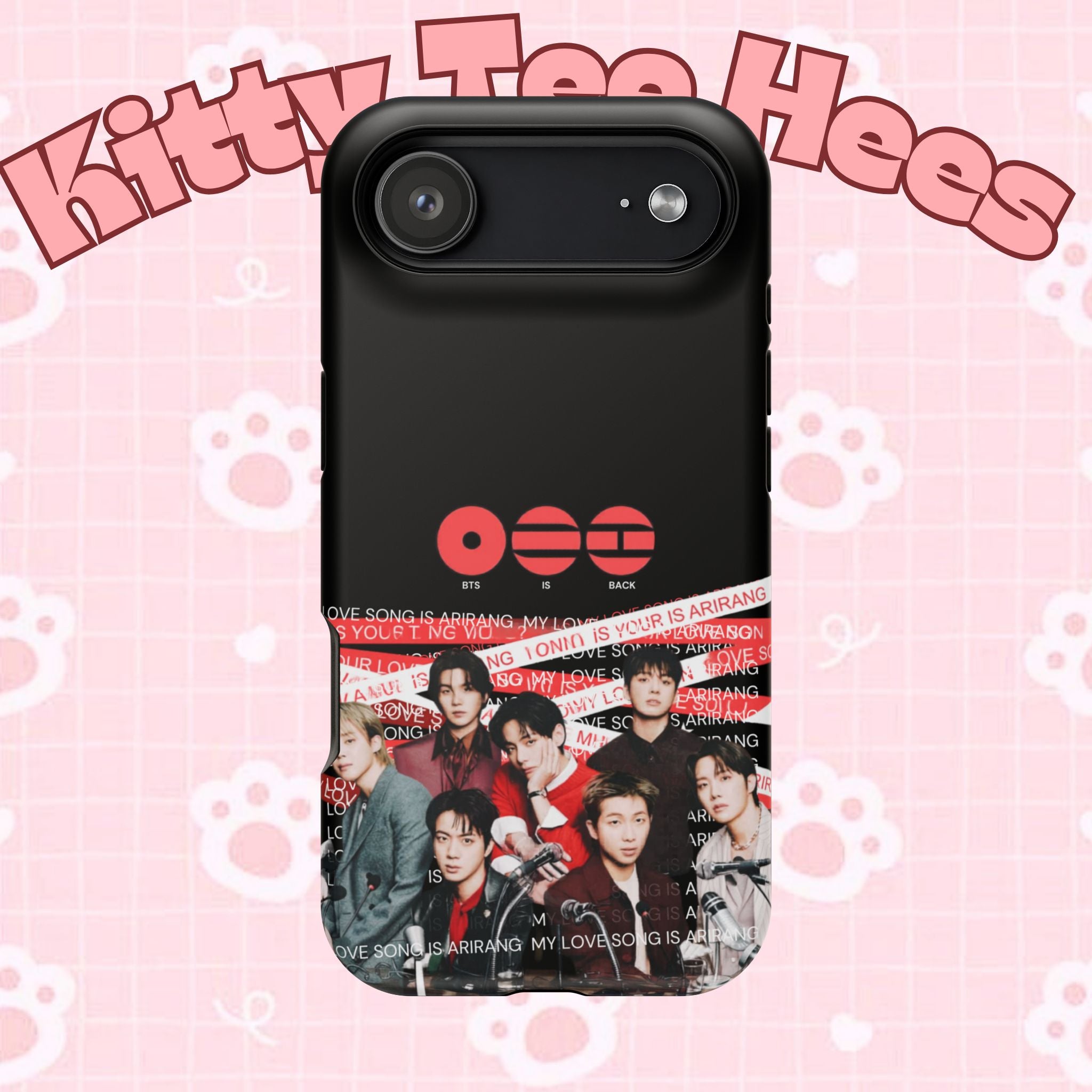 Cool BTS Bangtan phone case featuring fanmade K-Pop band photo, impact-resistant design, compatible with smartphones.