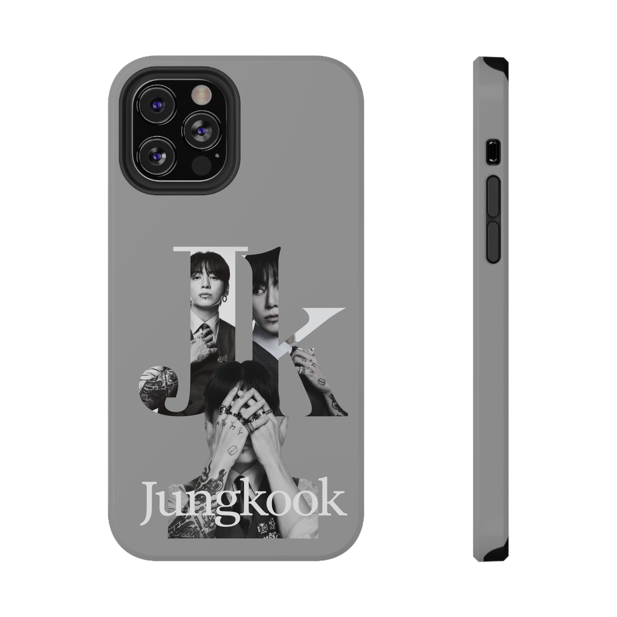 Printify monochrome Jungkook phone case featuring bold letter design, impact-resistant cover for BTS and Bangtan fans.