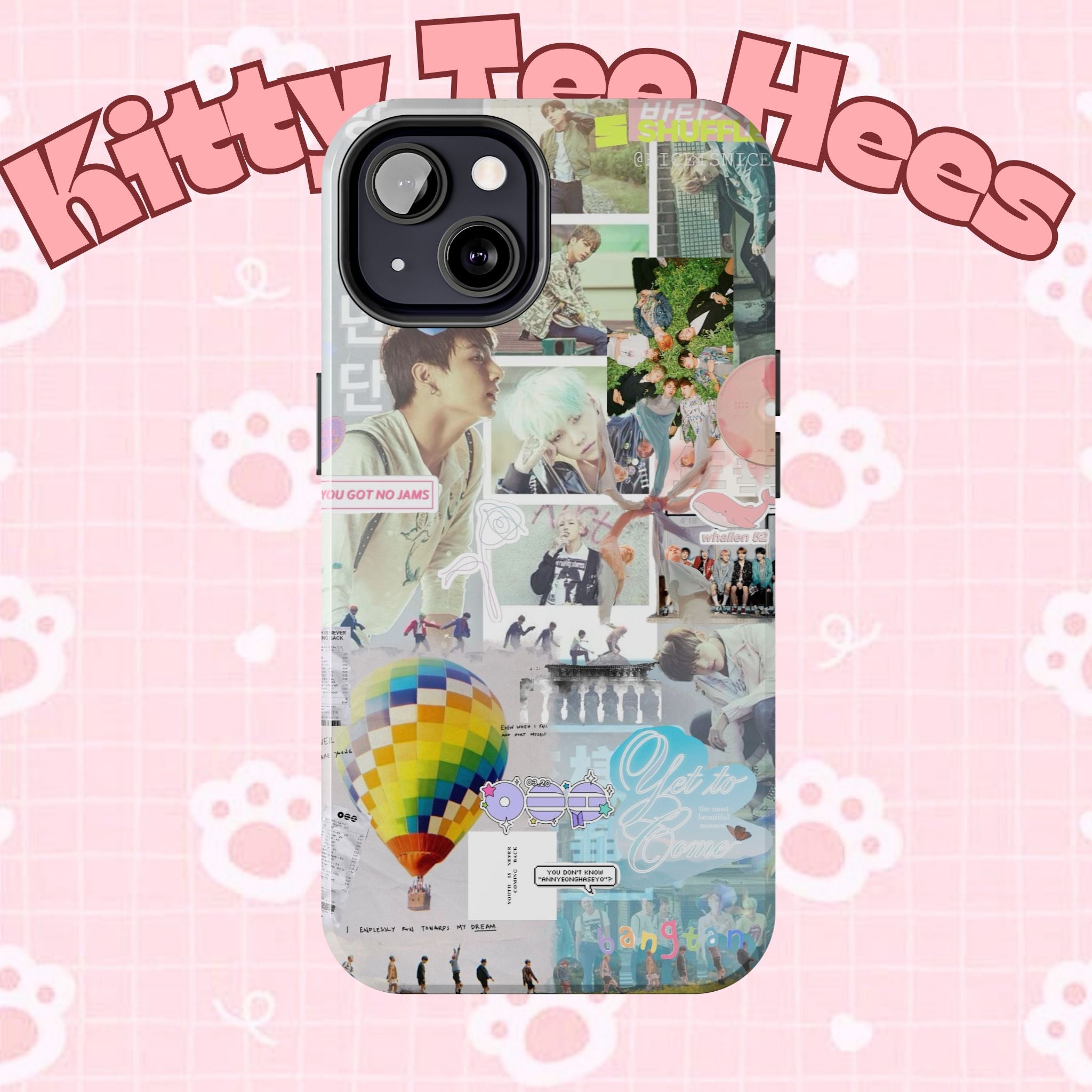 Printify BTS collage phone case for iPhone and Samsung with pastel hot air balloon and K-Pop photo collage design.