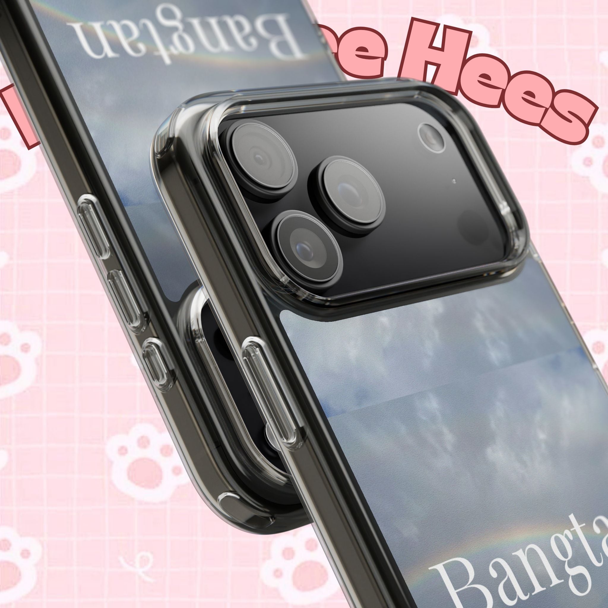 Clear impact-resistant Bangtan phone case featuring cute K-pop design, compatible with smartphones, by Printify.