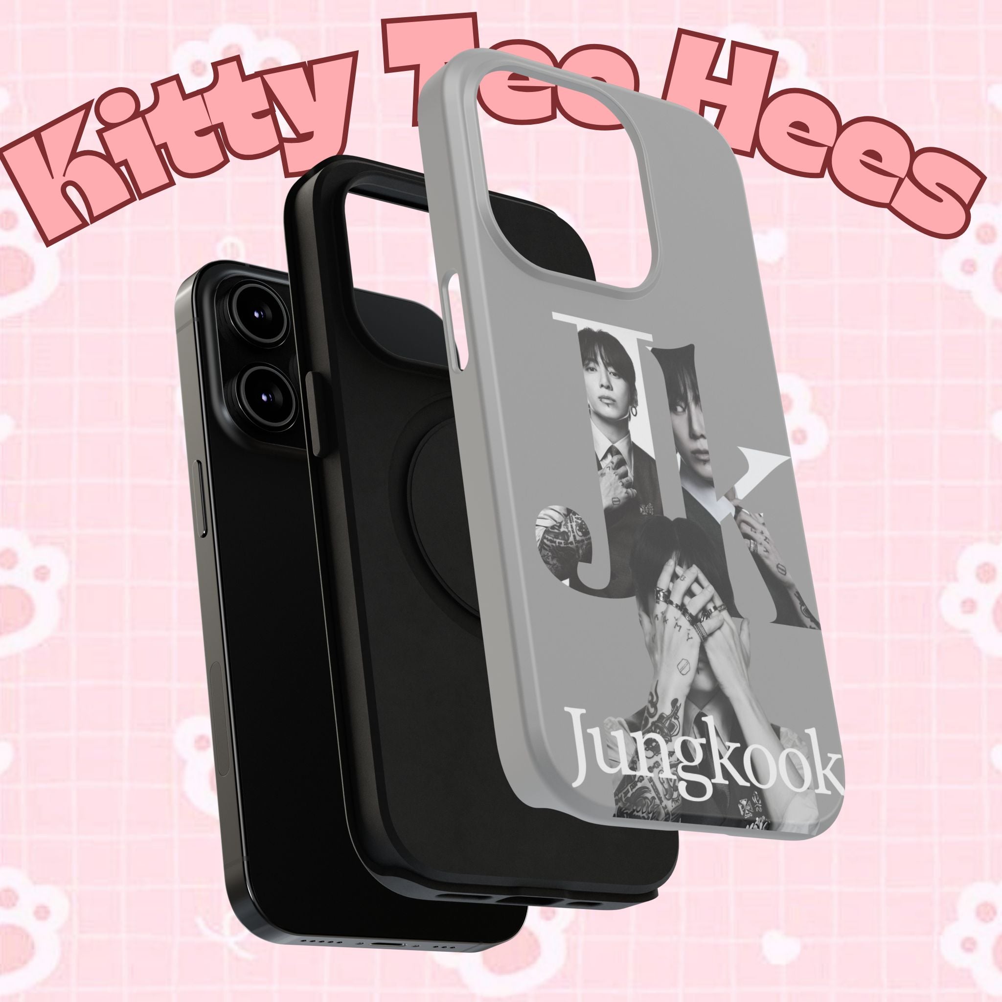 Monochrome BTS Jungkook phone case with letter design, impact-resistant Printify brand mobile cover for BTS fans
