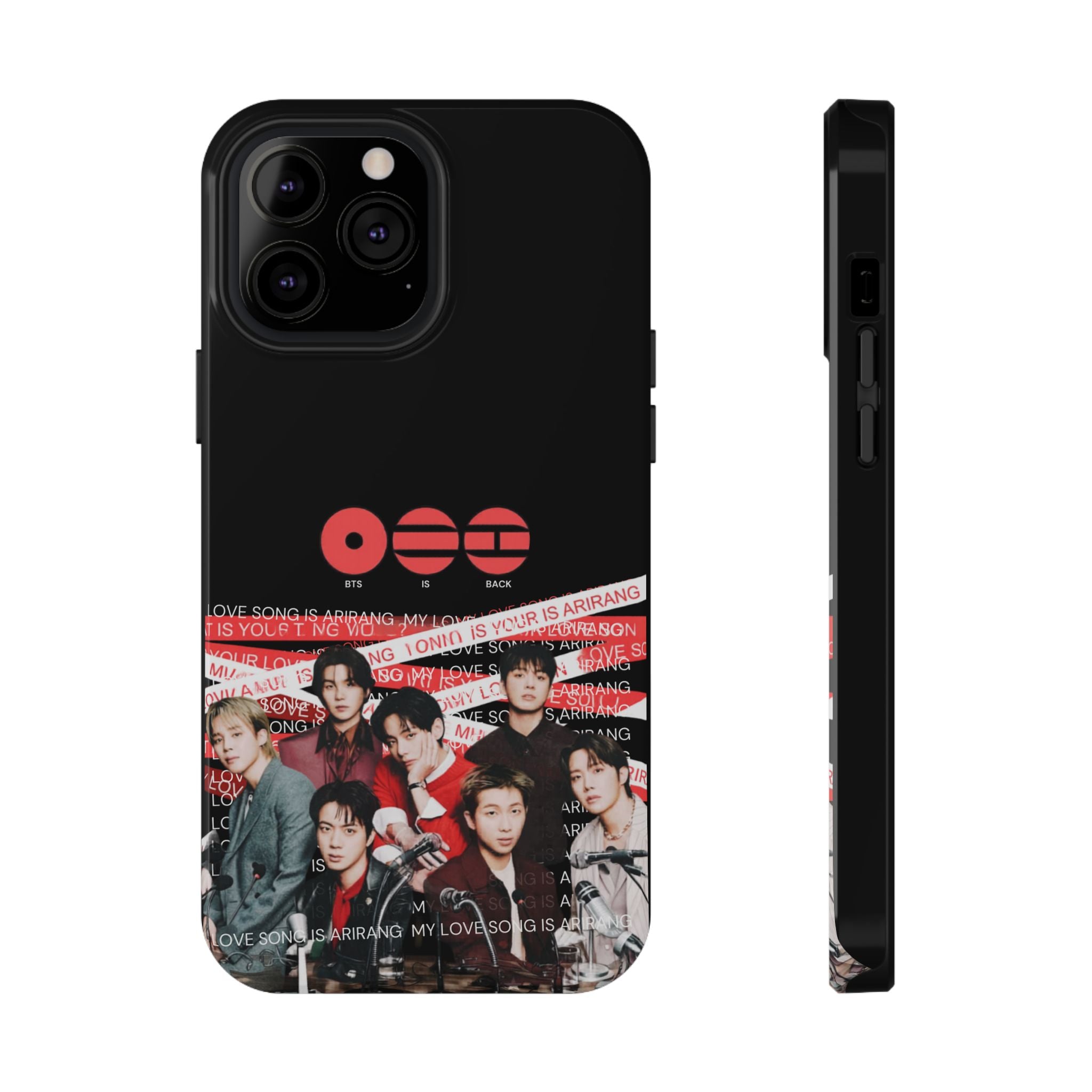 K-Pop BTS Bangtan phone case with concert-themed design, impact-resistant Printify phone cover featuring fanmade BTS Arirang logo.