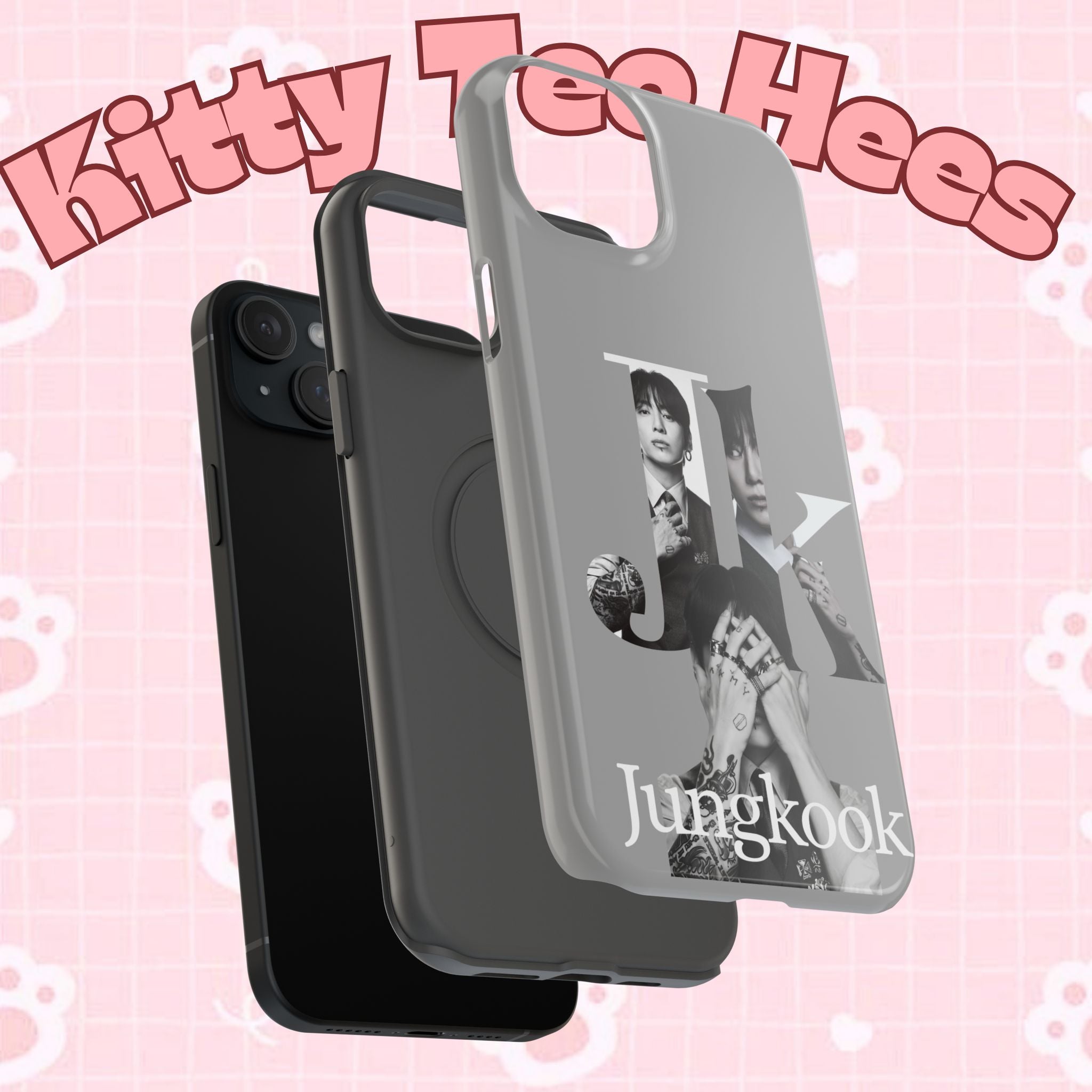 Monochrome BTS Jungkook phone case by Printify featuring impact-resistant design with letter graphics on a smartphone.