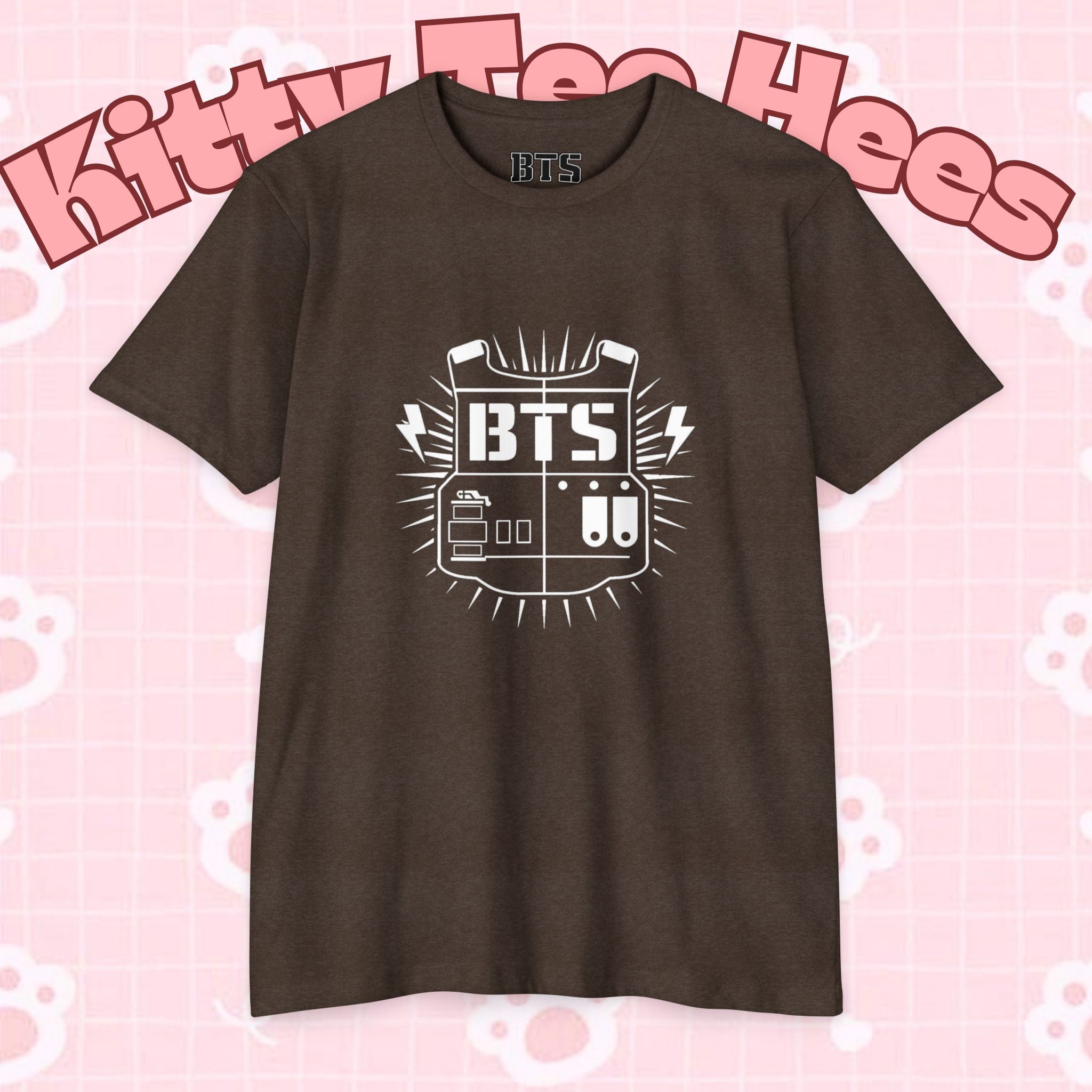 Custom BTS T-shirt featuring Jungkook, Jimin, Taehyung, J-Hope, RM, Suga, Jin, with concert design, by Printify.