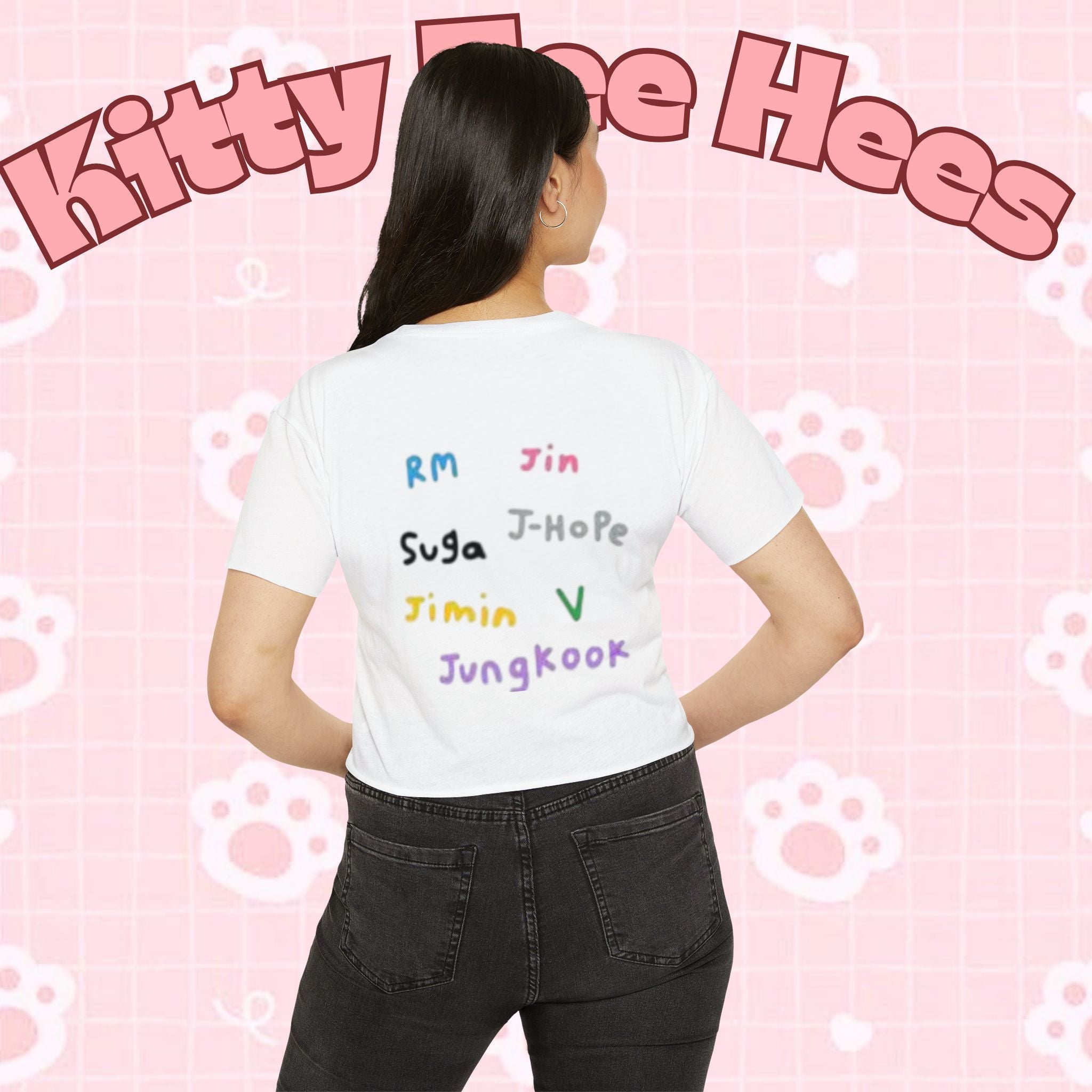 Colorful BTS Kidcore T-shirt featuring a Bangtan Boys K-Pop group photo, women's festival crop top by Printify.