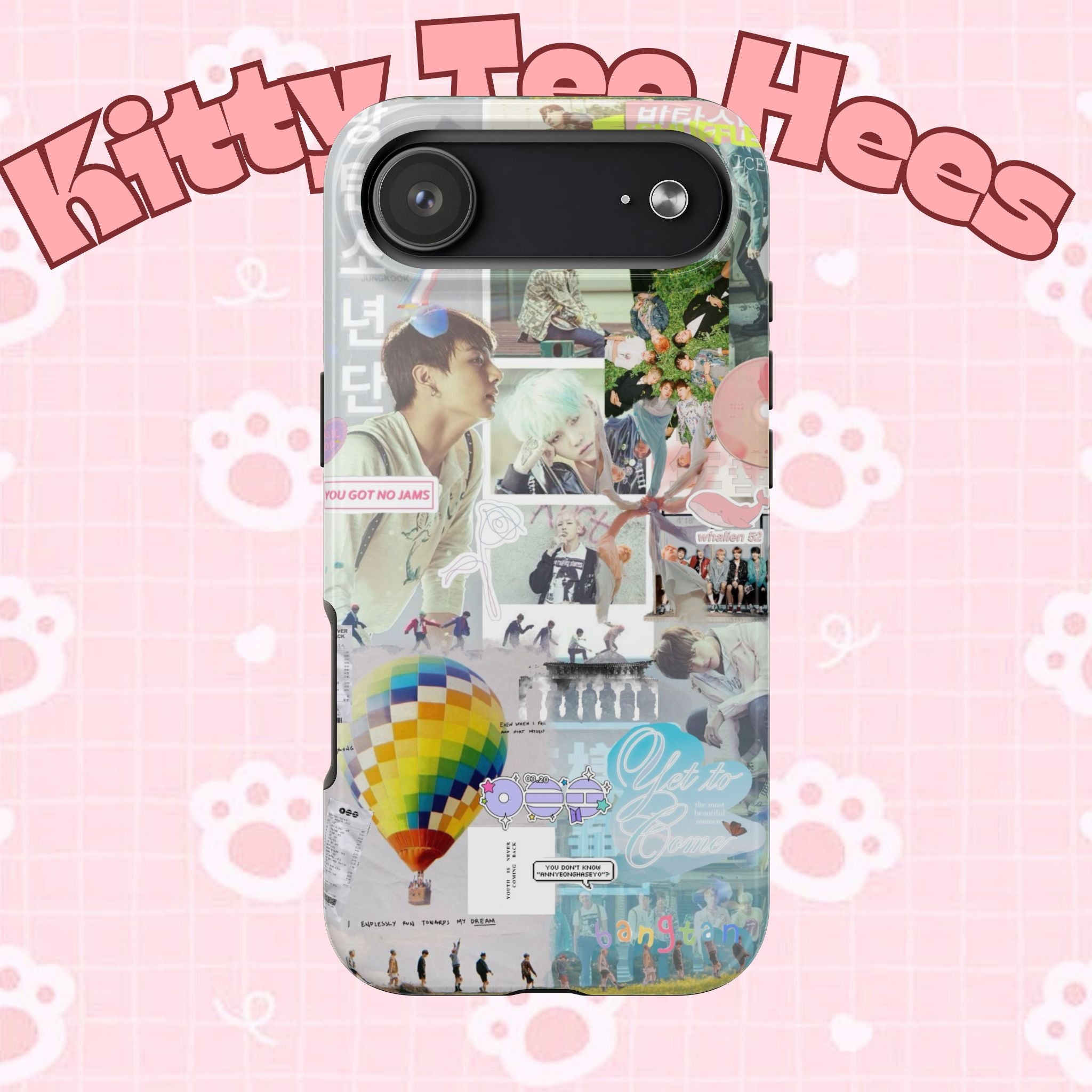 K-pop BTS collage phone case for iPhone and Samsung featuring pastel hot air balloon and aesthetic design with photo collage art.