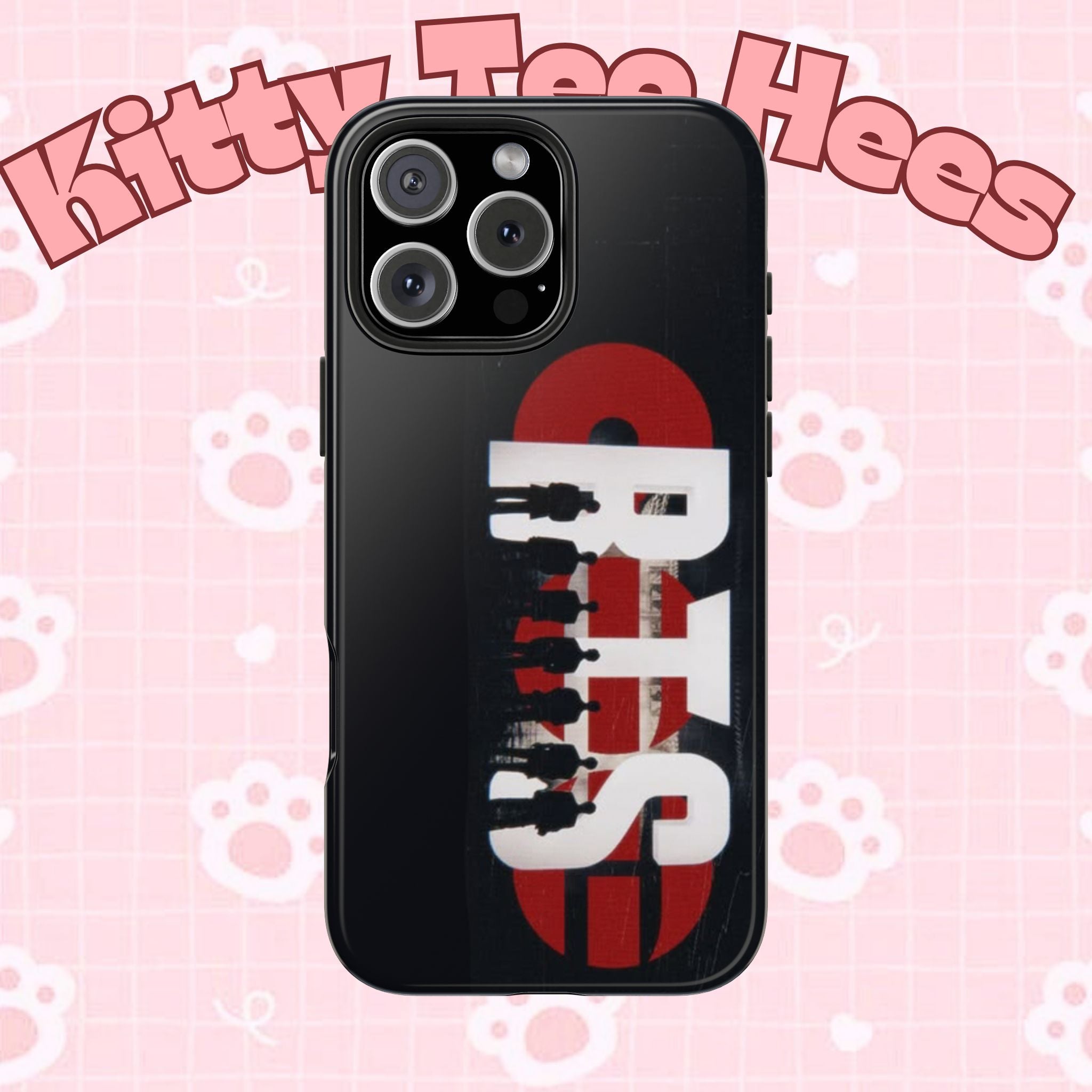 Printify BTS Arirang phone case featuring silhouettes and Samsung logo design, protective and stylish for iPhone or Samsung devices.