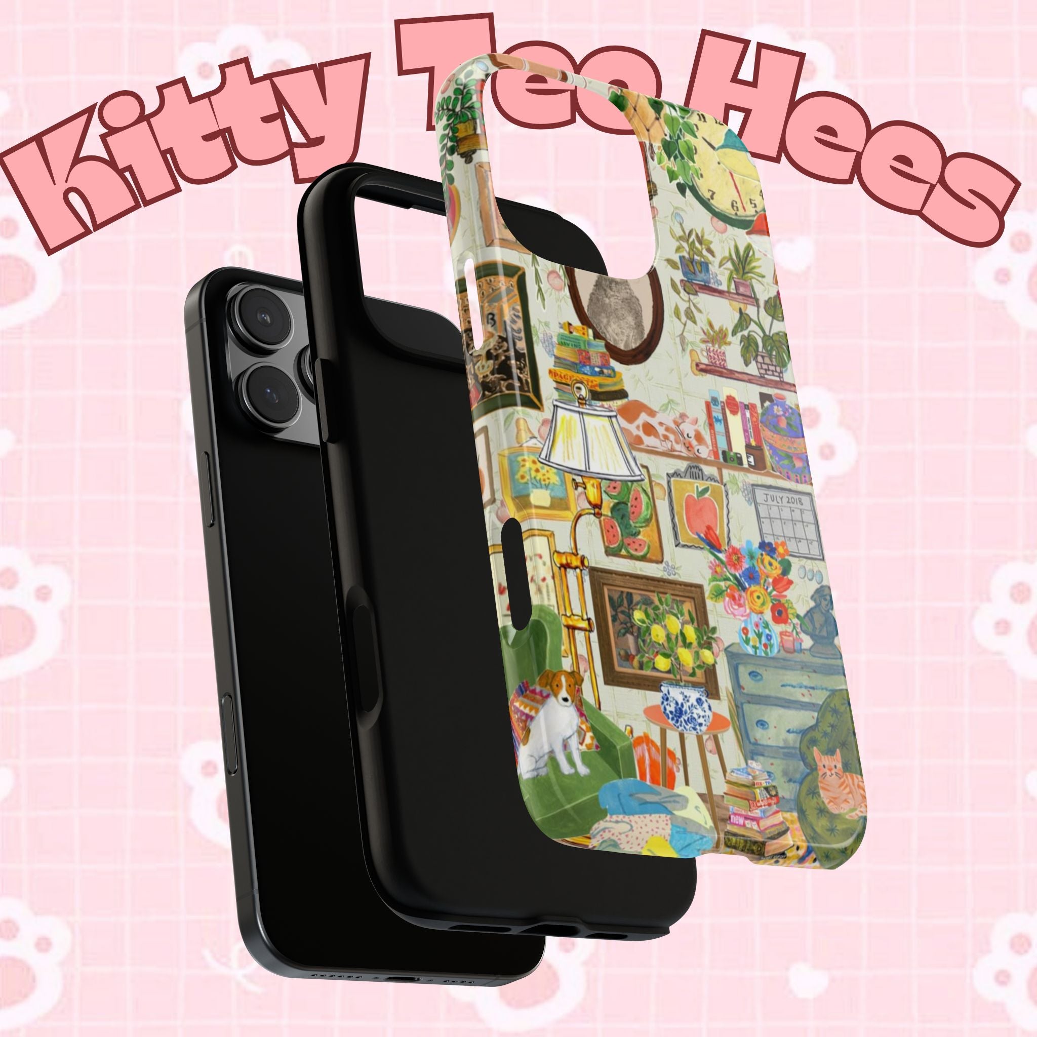 Cute cat portrait phone case for iPhone 17 by Printify, featuring a cozy living room pet home design with stylish, colorful artwork.