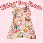 All over print pink pastel letters on a vintage women's skater dress featuring a casual, bohemian summer design by Printify.
