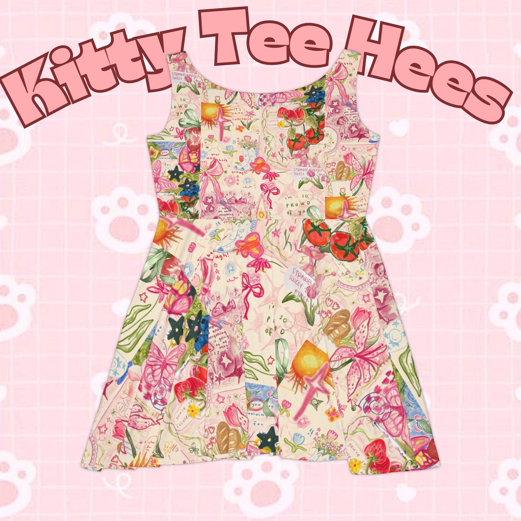 All over print pink pastel letters on a vintage women's skater dress featuring a casual, bohemian summer design by Printify.