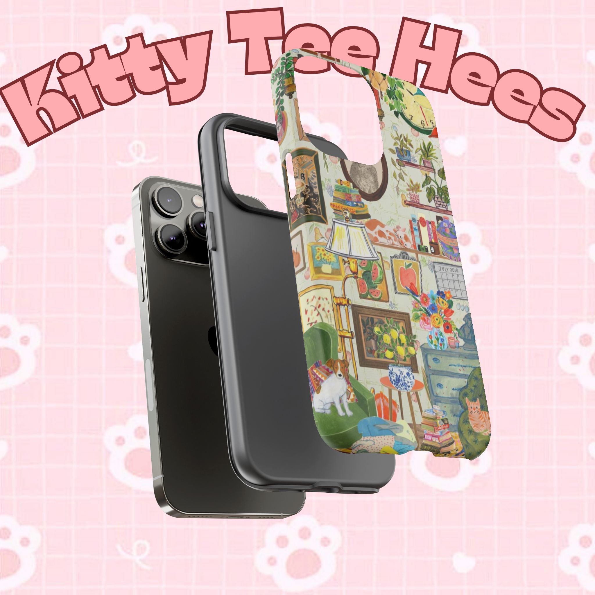 Cute cat portrait phone case for iPhone 17 by Printify, featuring a cozy living room pet home design with stylish and cool details.