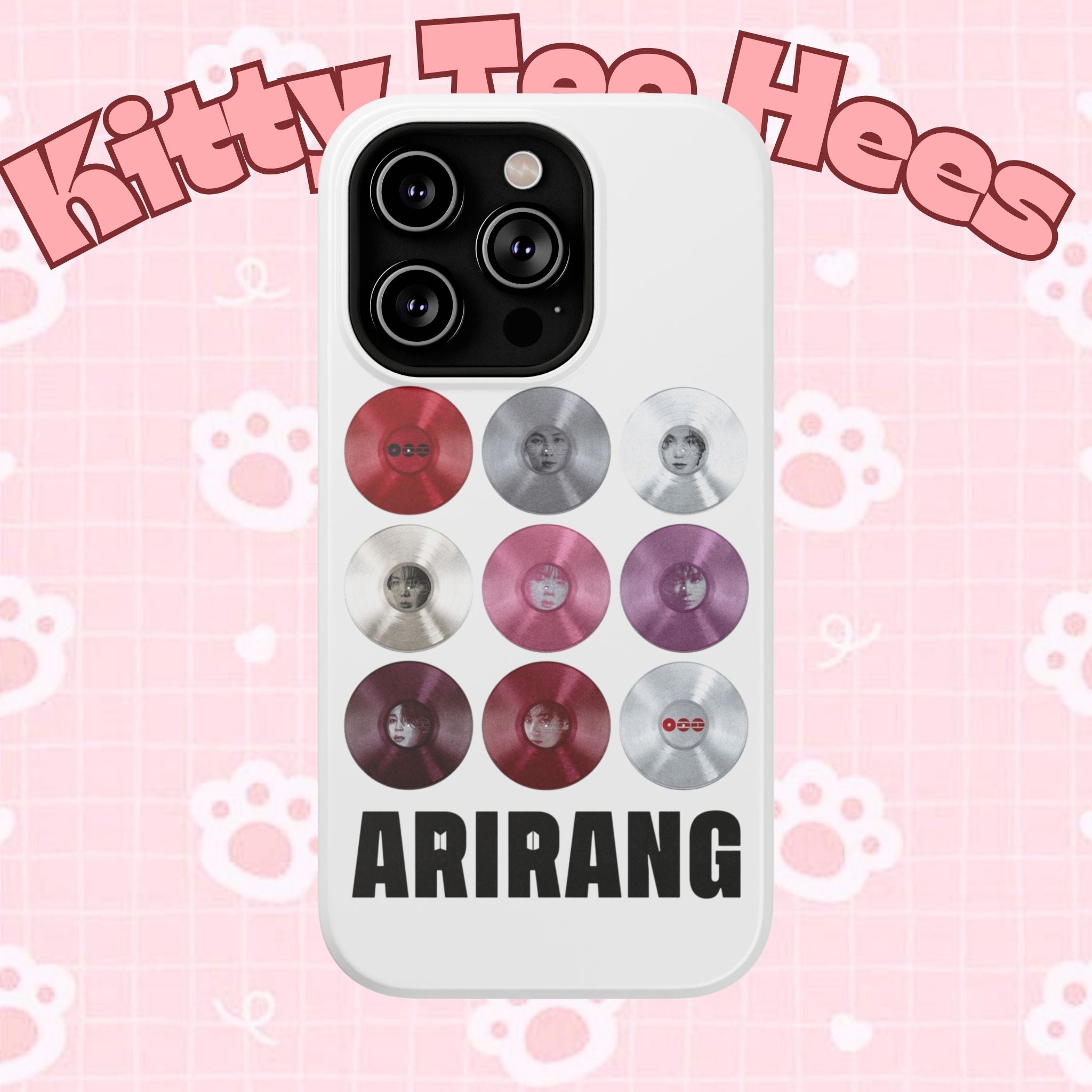 Impact-resistant phone case with BTS Arirang vinyl record grid design, featuring cool BTS fan merchandise branding.