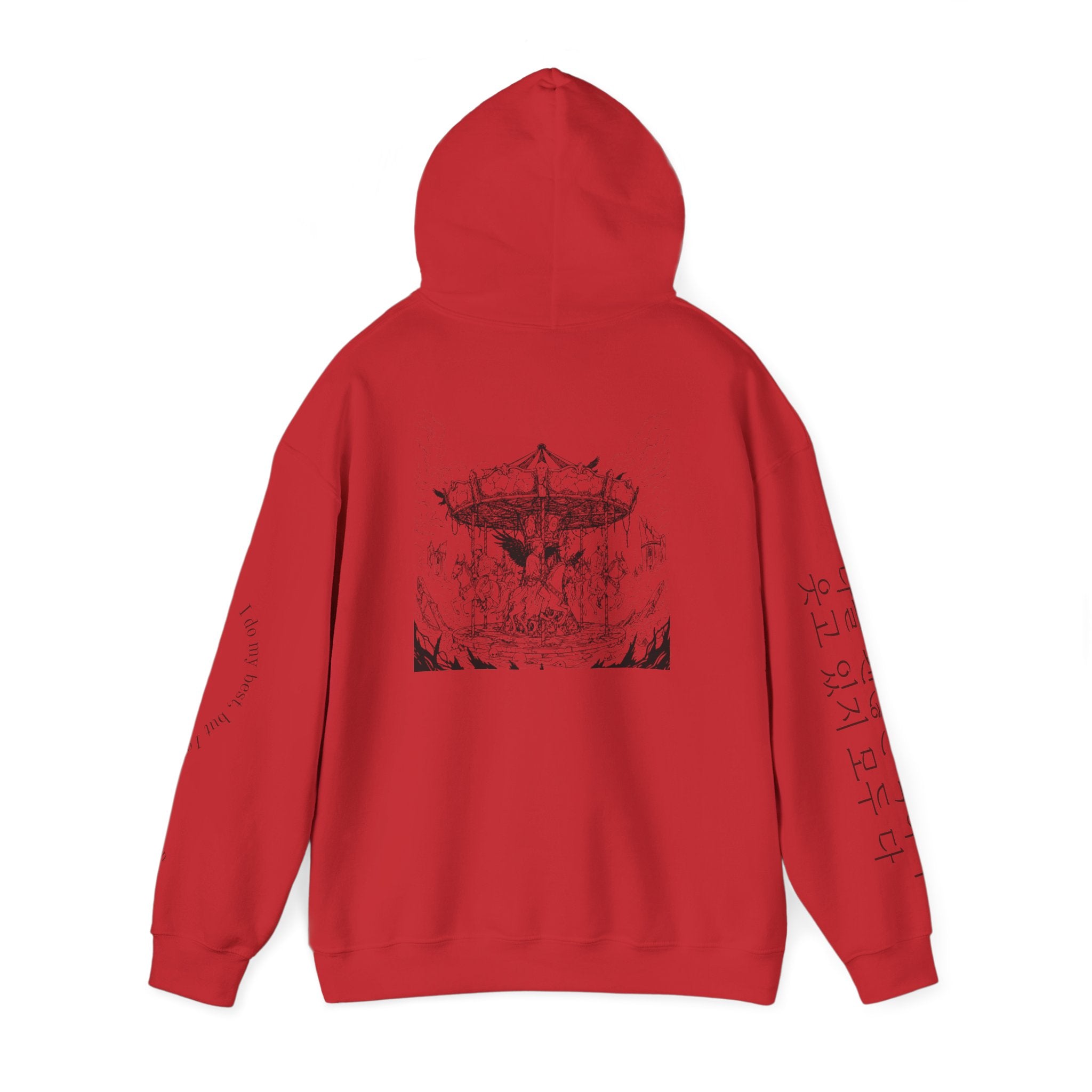 BTS Merry-go-round Arirang 2026 hoodie with carousel illustration, Korean script sleeves, and BTS lyric design, casual and stylish.