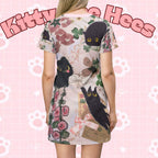 All-over print Rococo cat T-shirt dress by Printify featuring kawaii, cutesy cat design in casual cottagecore style.