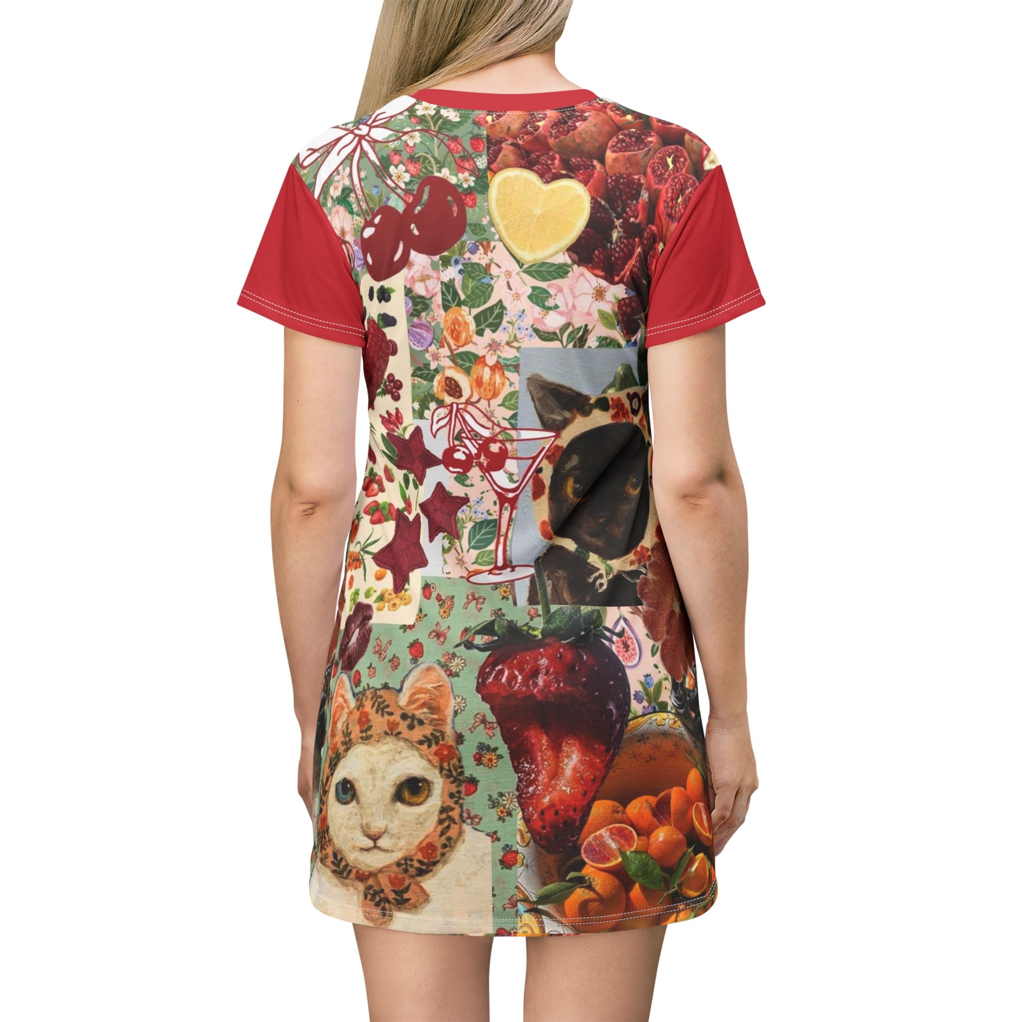 Babyshka Babushka Cat Berry T-Shirt Dress with all-over funny cat print, casual summer mini dress for cat lovers.
