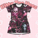 Pink Monster High Draculaura bat T-shirt dress with black cat and bat print, gothic cartoon character Halloween costume for teen girls.