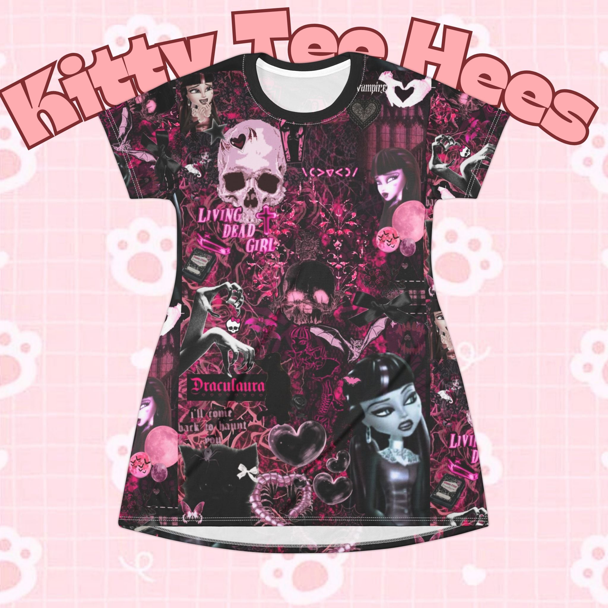 Pink Monster High Draculaura bat T-shirt dress with black cat and bat print, gothic cartoon character Halloween costume for teen girls.