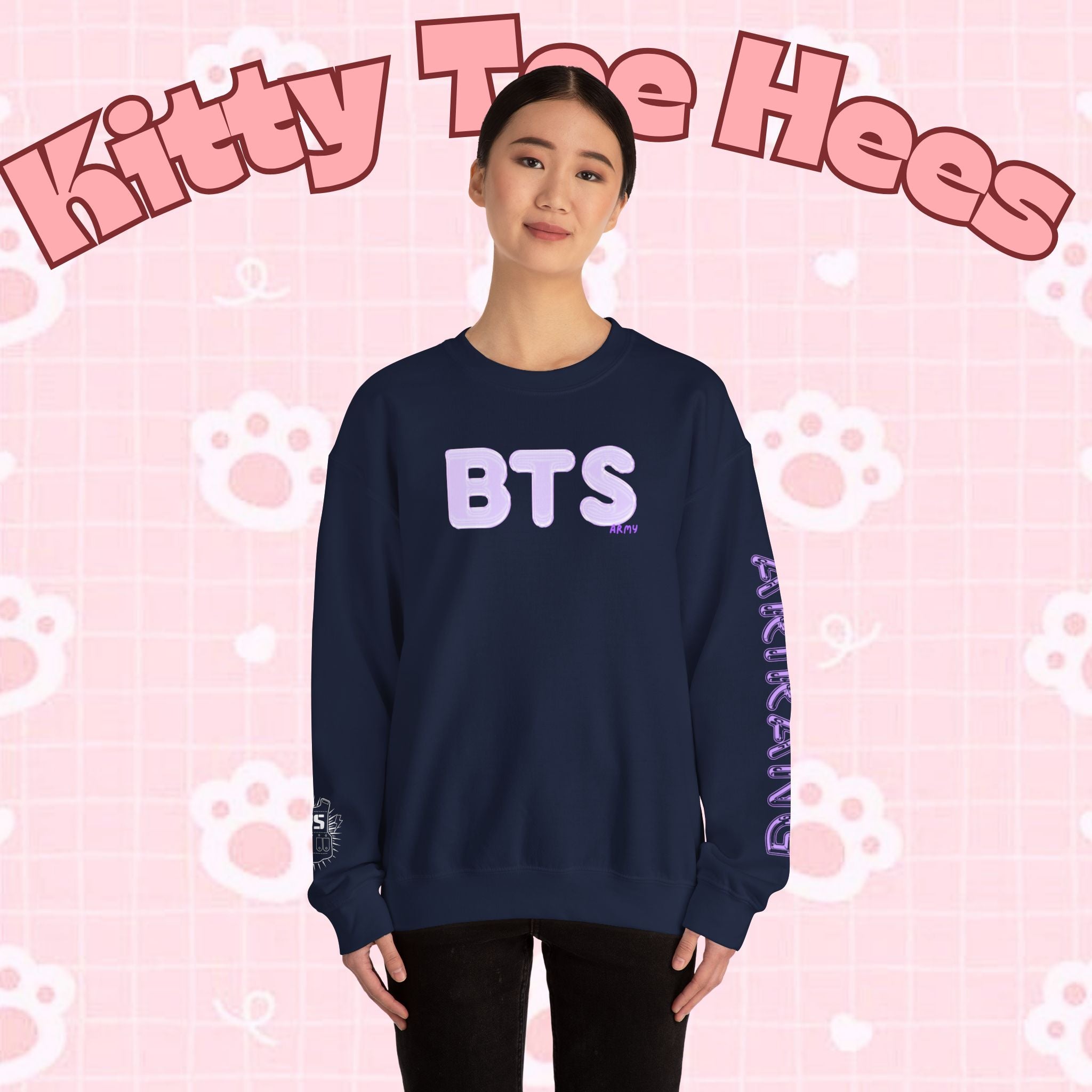 Lavender BTS Logo Arirang crewneck sweatshirt with K-pop band print, featuring BTS comeback and concert design by Printify.