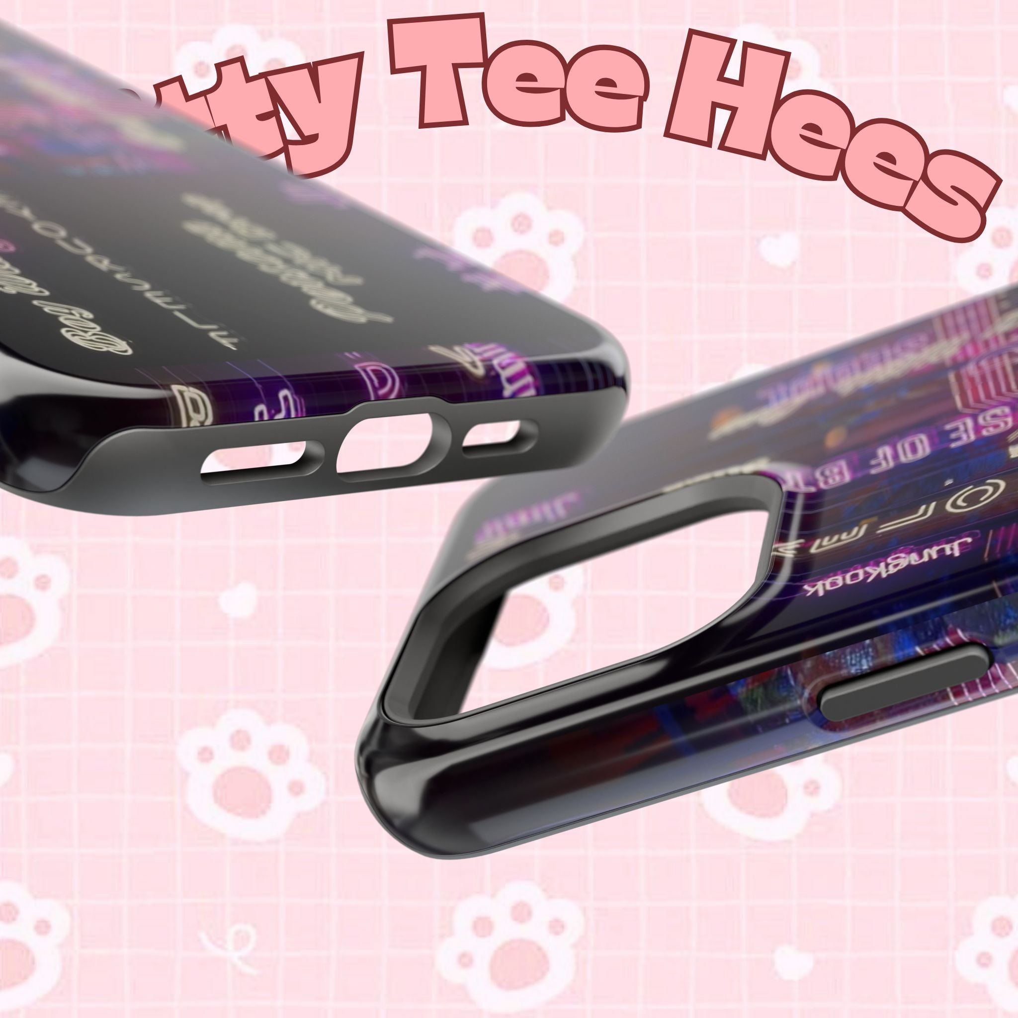 Neon Korean script print on impact-resistant BTS phone case for iPhone and Samsung, featuring Bangtan Sonyeondan branding.