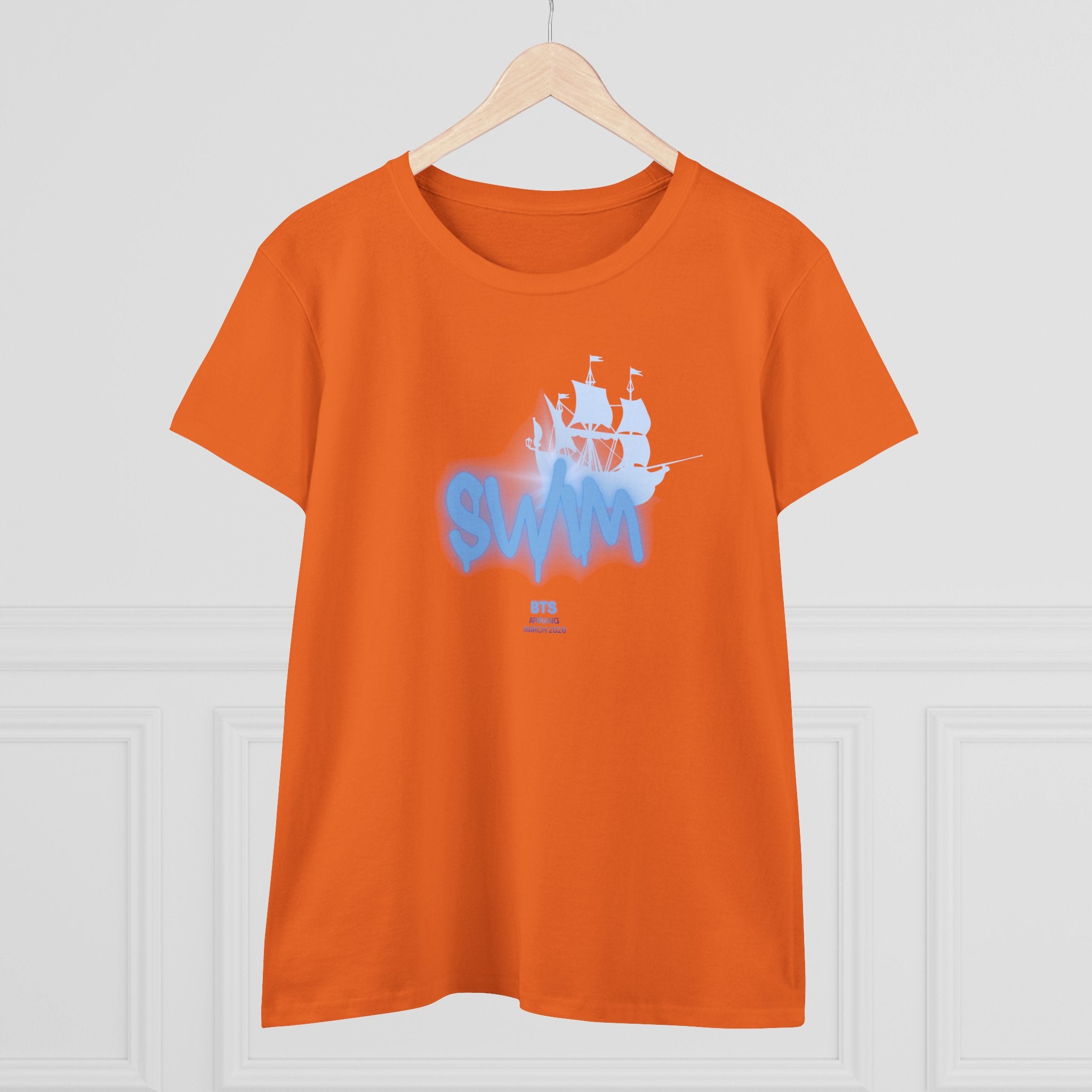 Women's BTS Sailboat Script Logo T-shirt by Printify featuring a cotton fabric, perfect for concert and casual wear.