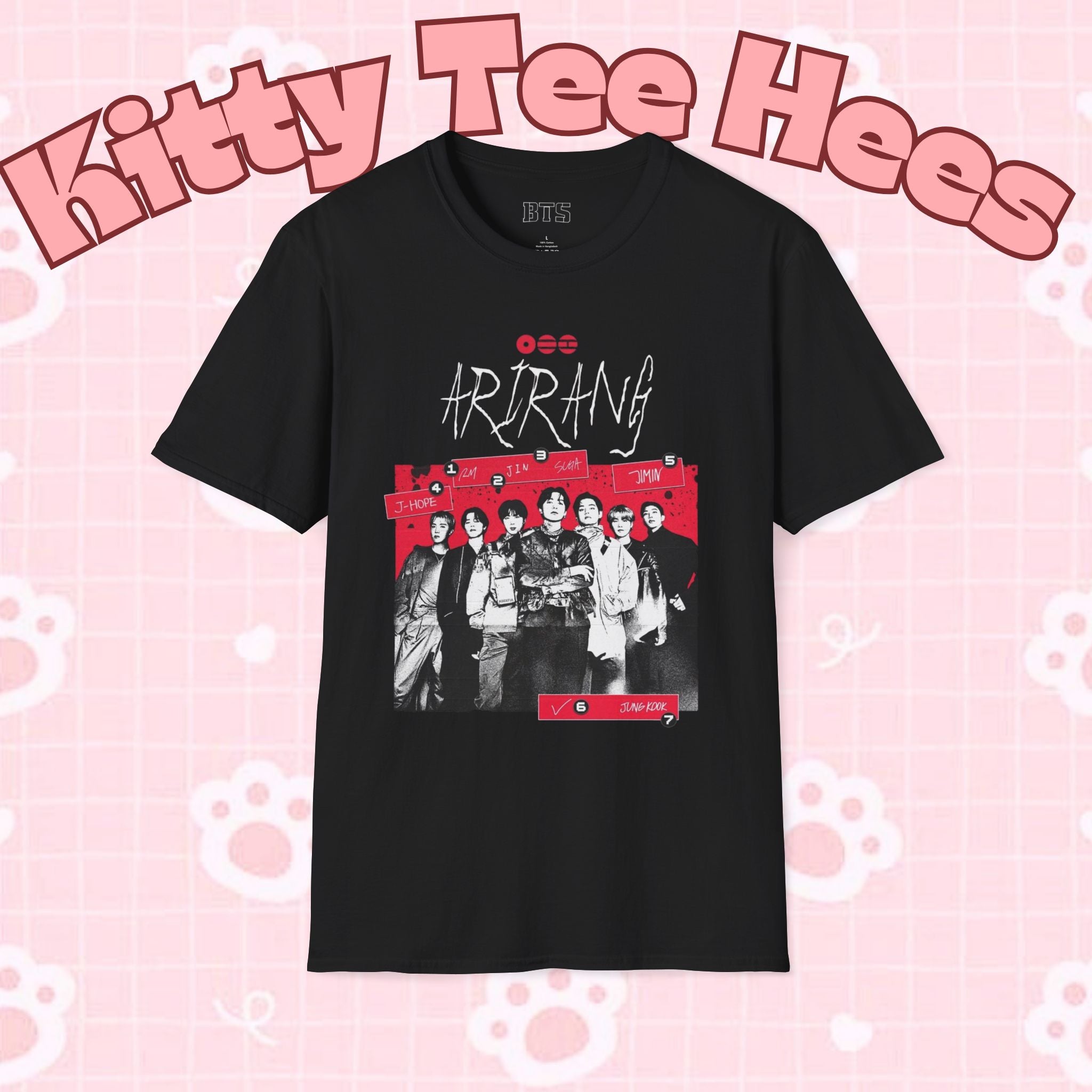 BTS Arirang2026 concert T-shirt with band photo design, K-pop merchandise featuring Bangtan Boys logo and vibrant graphics.