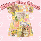 Pink lemonade kitty print T-shirt dress by Printify featuring cute cat design, all-over print, casual and comfy for everyday wear.