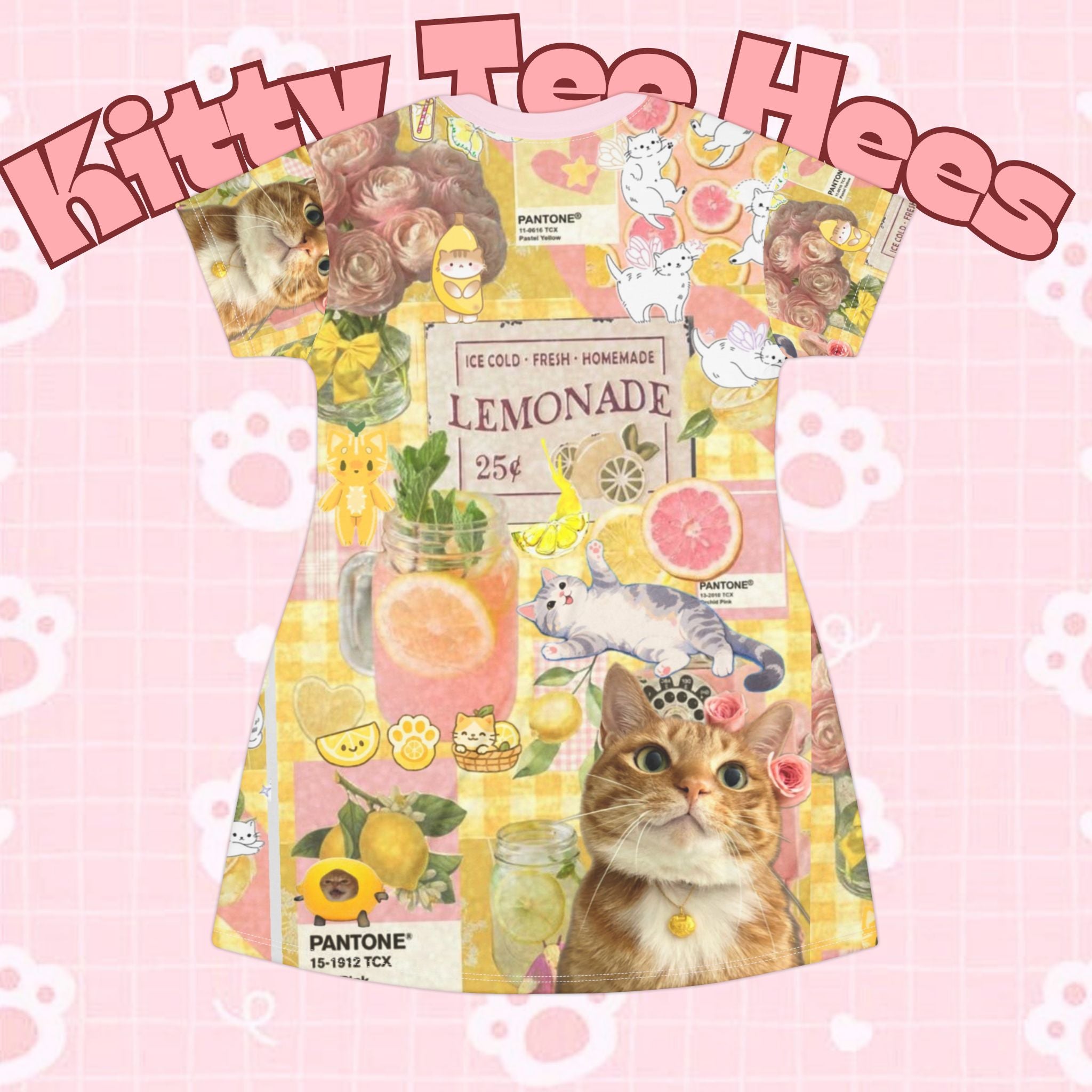 Pink lemonade kitty print T-shirt dress by Printify featuring cute cat design, all-over print, casual and comfy for everyday wear.