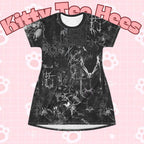 Black Gothic cyberpunk T-shirt dress with all-over print of neon cybersigil design, by Printify.