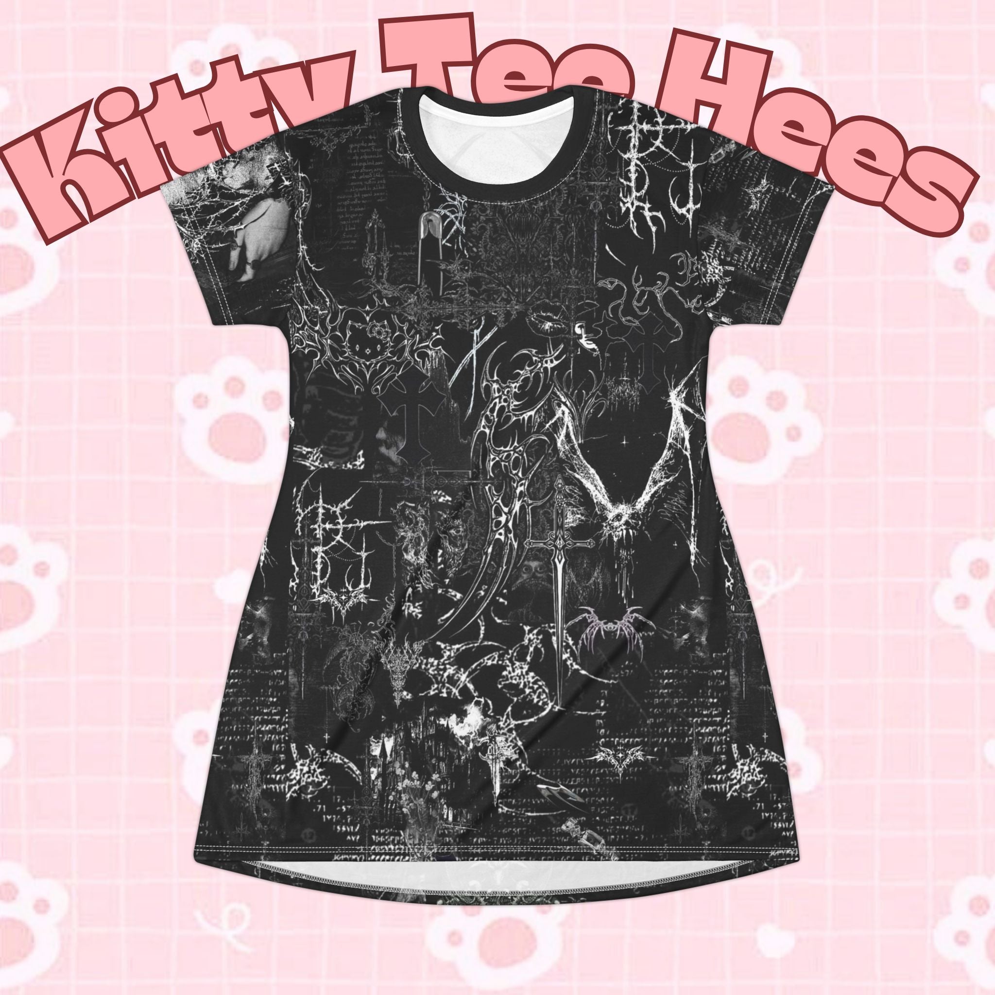 Black Gothic cyberpunk T-shirt dress with all-over print of neon cybersigil design, by Printify.