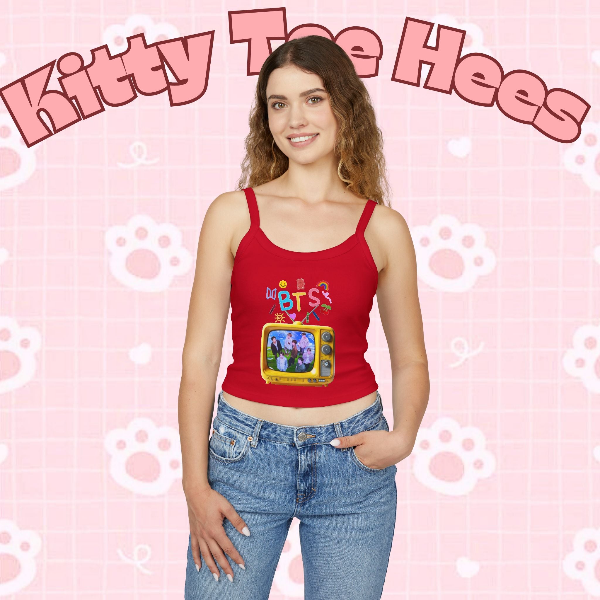 Kids' BTS tank top featuring a retro television K-pop graphic, colorful BTS boys design, casual and cute style.