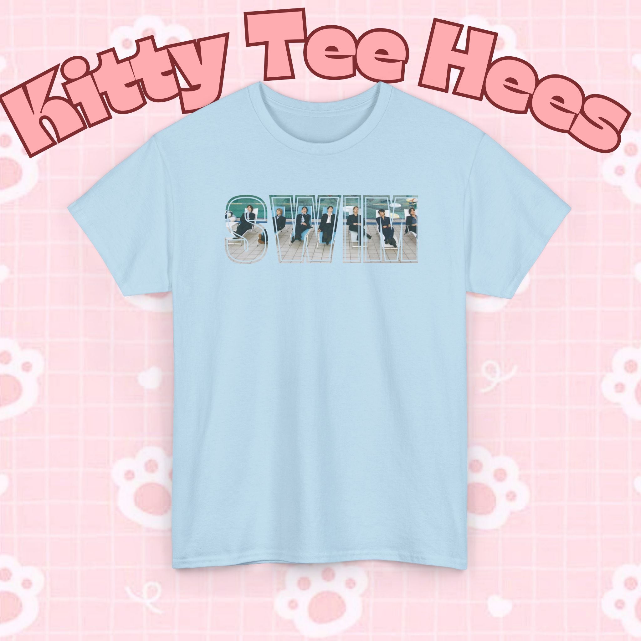 Printify BTS swim graphic T-shirt featuring a pool scene back design, inspired by Bangtan and BTS concert style.
