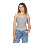 Cute summer pink spaghetti strap tank top for women with a playful Pilates and yoga cat design, from Printify.