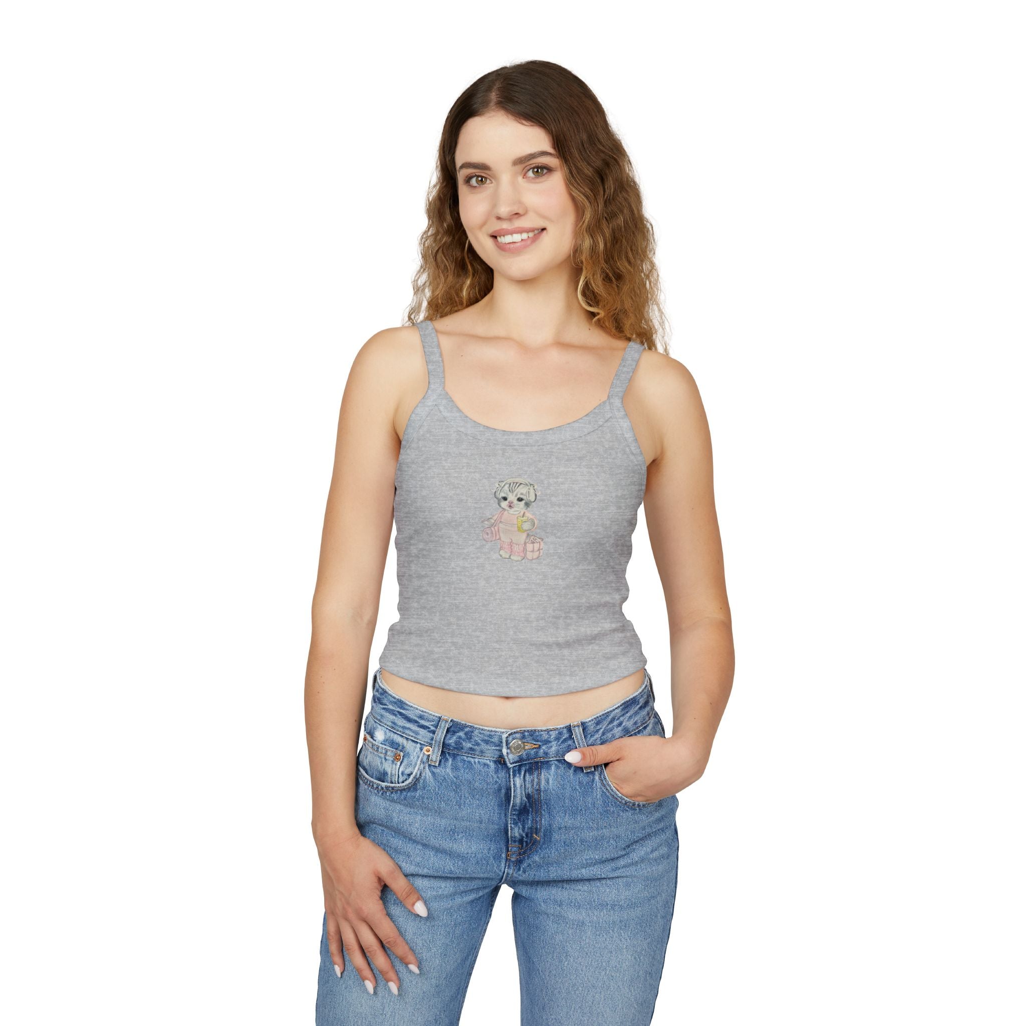 Cute summer pink spaghetti strap tank top for women with a playful Pilates and yoga cat design, from Printify.
