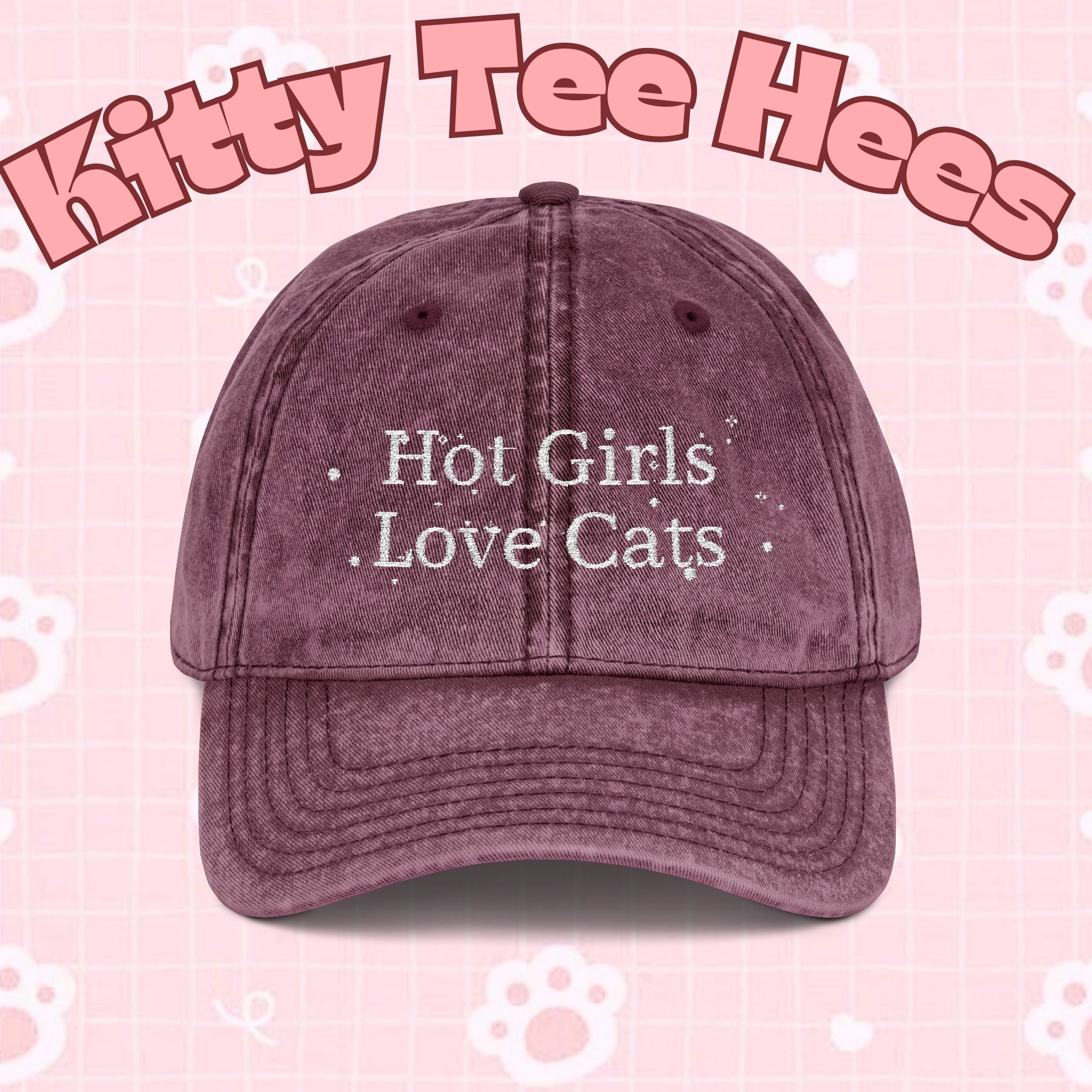 Vintage style embroidered hat featuring "Hot Girls Love Cats" slogan, casual wear accessory from Printify.