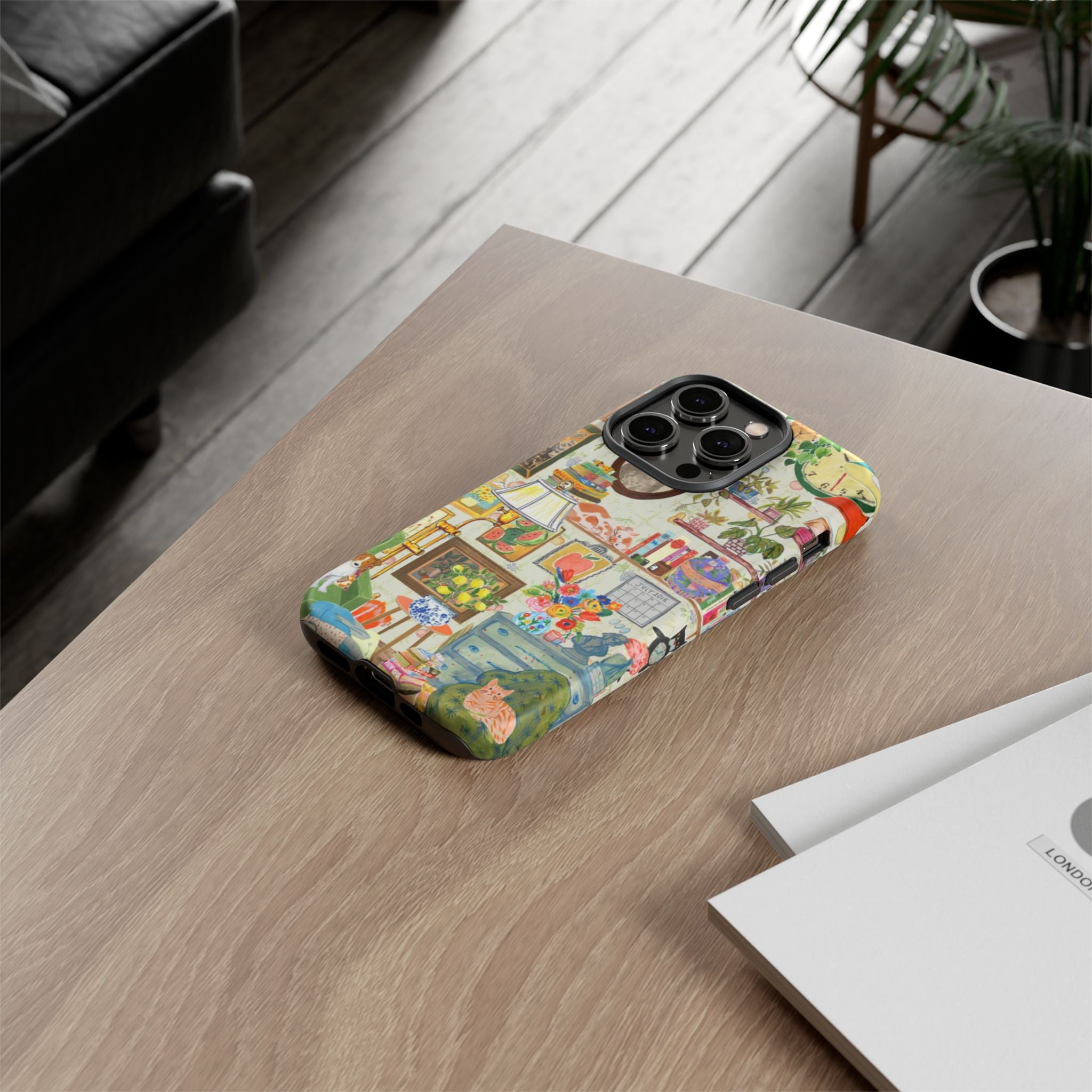 Cute cat portrait phone case for iPhone 17, stylish cozy living room pet home design by Printify.