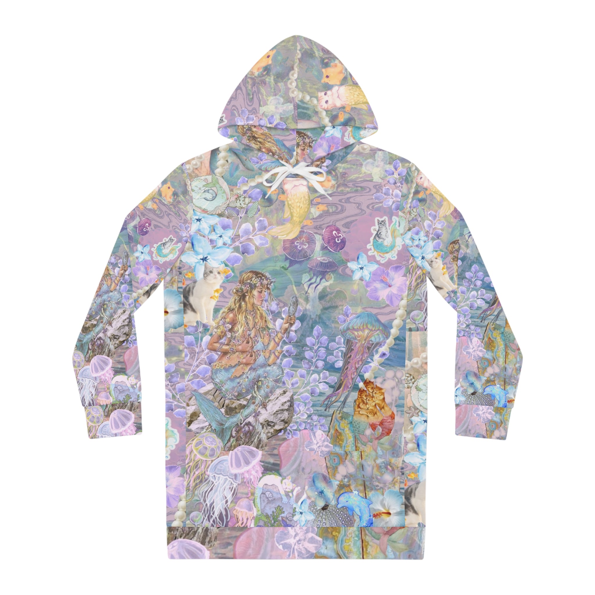 Mermaid Dreams women's hoodie dress with vibrant fantasy all-over print, cozy casual wear ideal for beach days and ocean lovers.