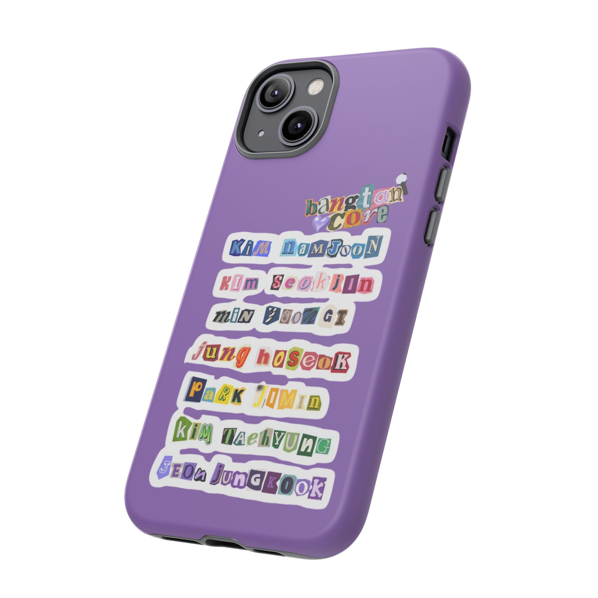 BTS member names phone case featuring Jungkook, Jimin, Rap Monster, for iPhone 17, with a durable tough case design.
