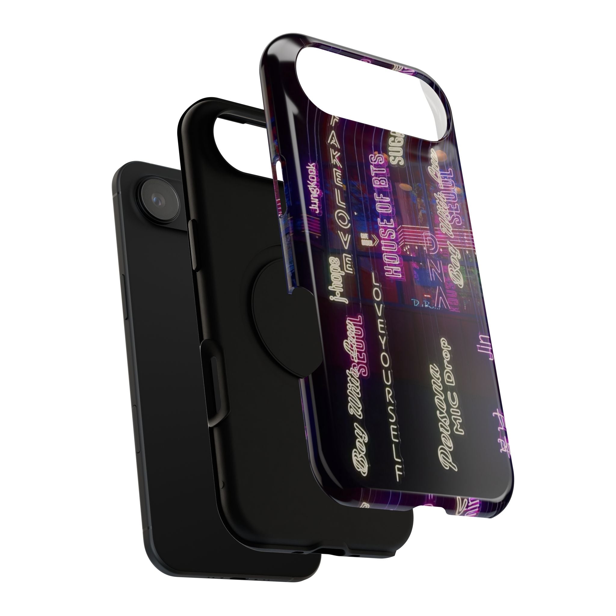 Neon Korean script BTS phone case for iPhone and Samsung, impact-resistant, featuring bold neon text and BTS branding.