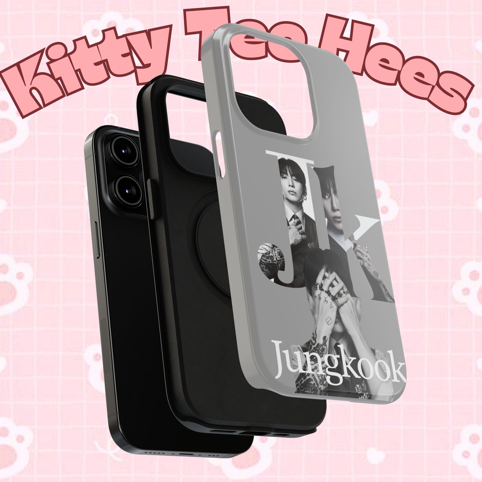 Printify monochrome BTS Jungkook phone case with impact-resistant design, featuring bold letter branding on a sleek, protective cover.