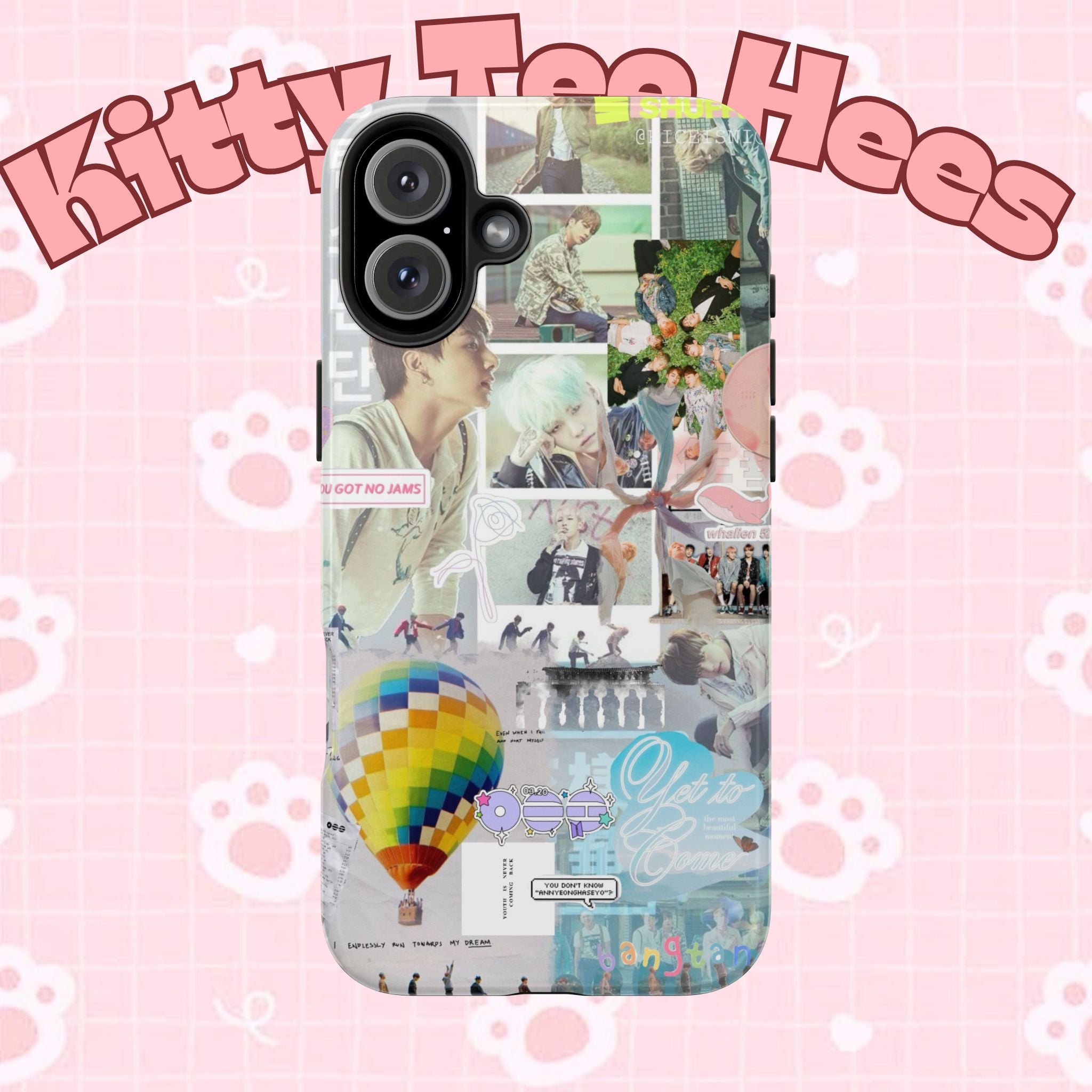Printed BTS collage phone case for iPhone and Samsung featuring pastel hot air balloon and K-Pop photo collage design.
